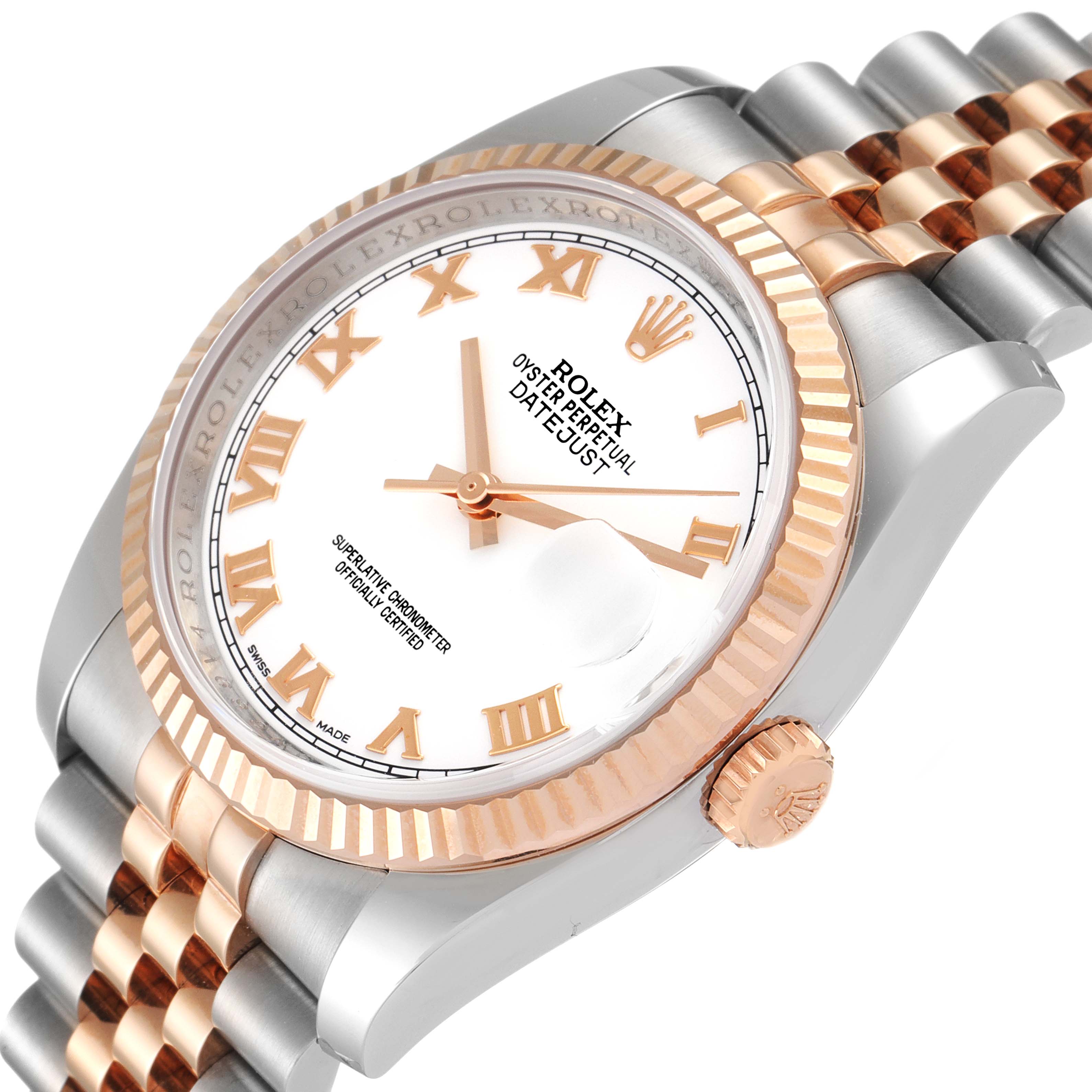 This image shows a close-up view of the Rolex Datejust 116231 Men's Steel and Gold (two tone) White Dial 116231 Men's Steel and Gold (two tone) White Dial watch displaying its dial, bezel, crown, and bracelet.