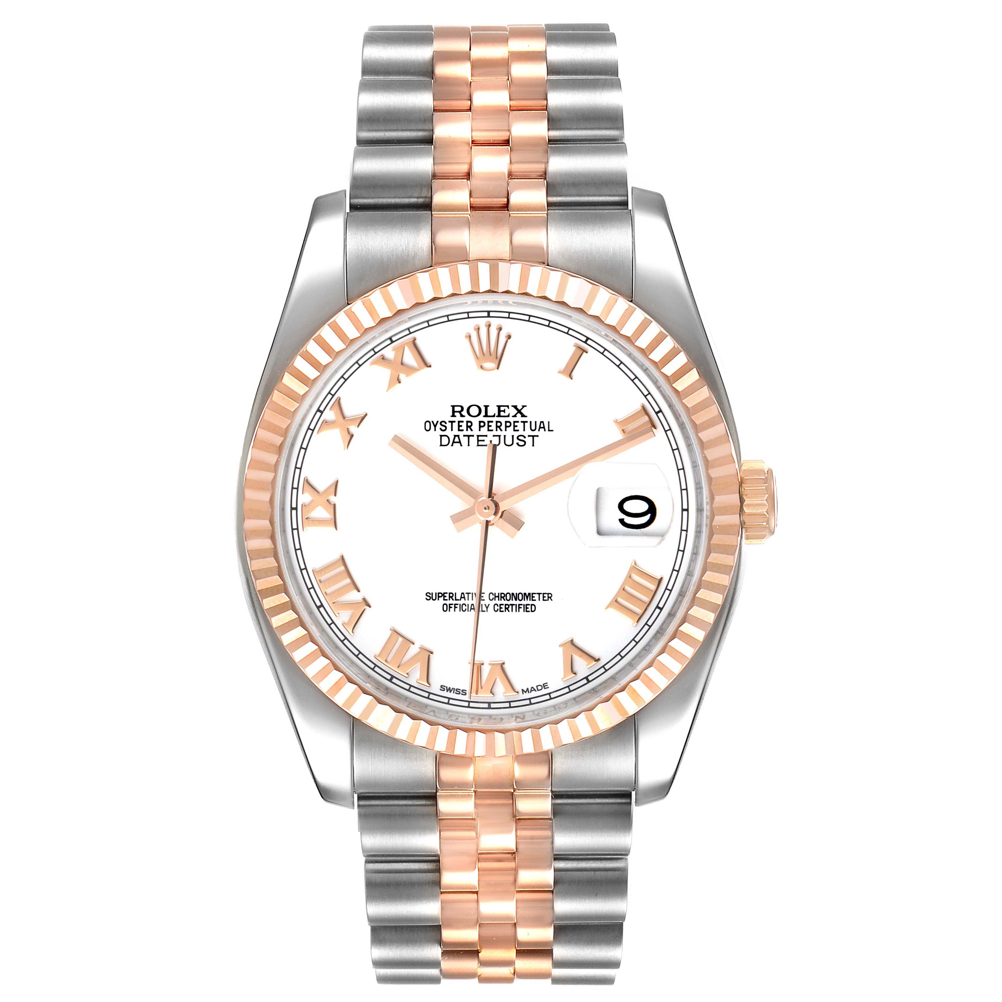 The Rolex Datejust 116231 Men's Steel and Gold (two tone) White Dial 116231 Men's Steel and Gold (two tone) White Dial watch is shown from a front angle, displaying its face, bezel, and bracelet in two-tone metal.