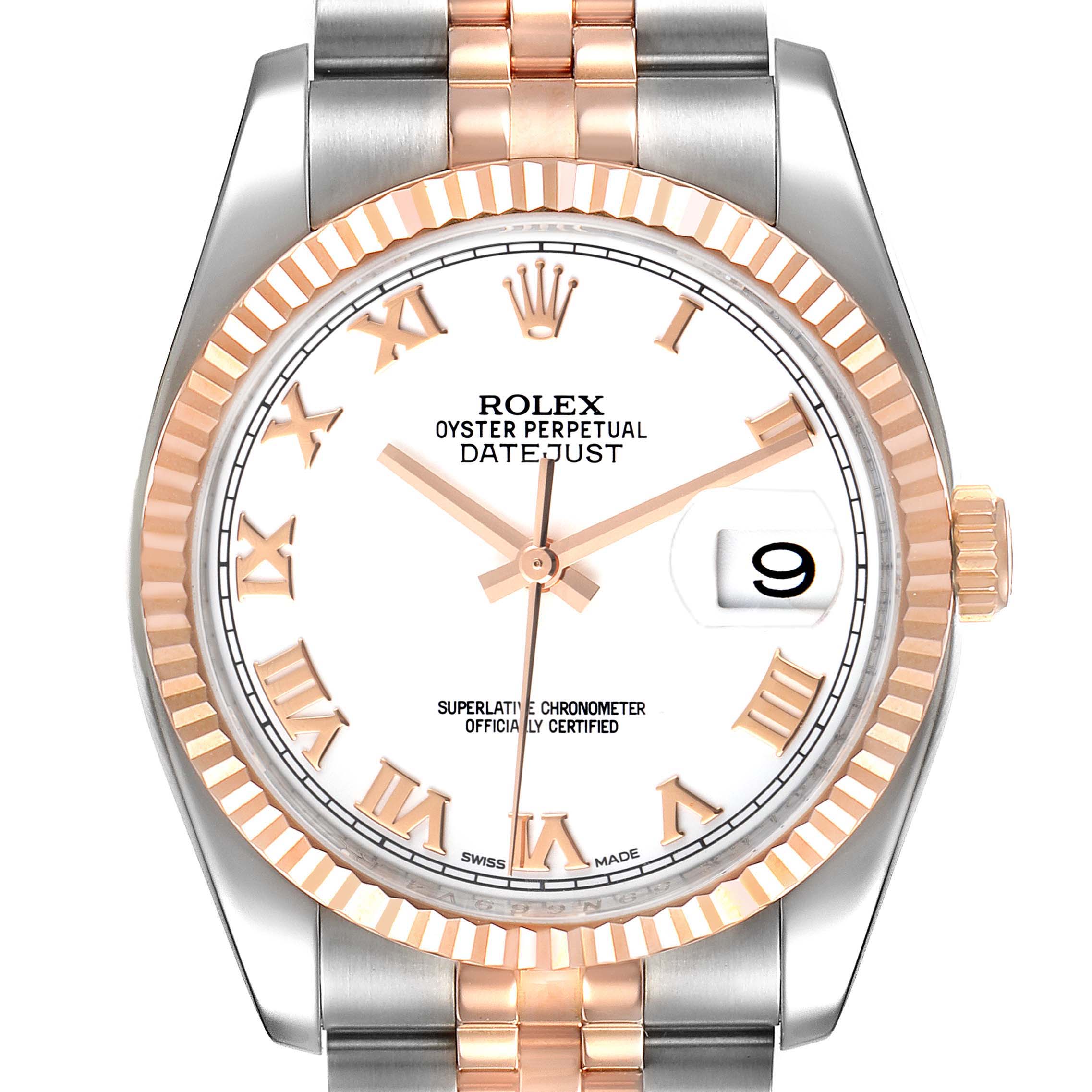 The image shows a frontal view of a Rolex Datejust 116231 Men's Steel and Gold (two tone) White Dial 116231 Men's Steel and Gold (two tone) White Dial watch, highlighting its dial, hands, bezel, and part of the bracelet.