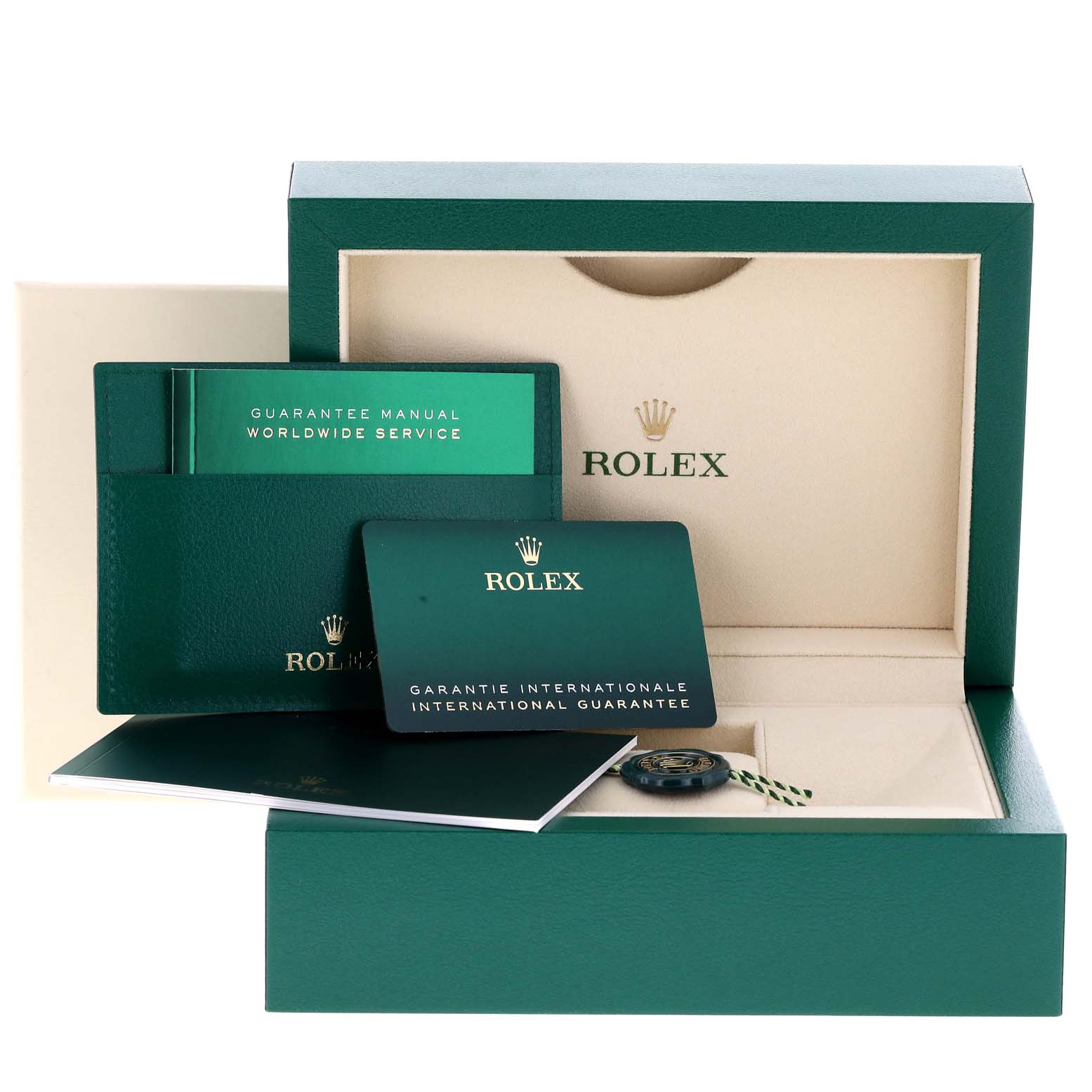 The image shows the packaging, guarantee manual, international warranty card, and accessories for a Rolex Datejust 116231 Men's Steel and Gold (two tone) White Dial 116231 Men's Steel and Gold (two tone) White Dial watch.