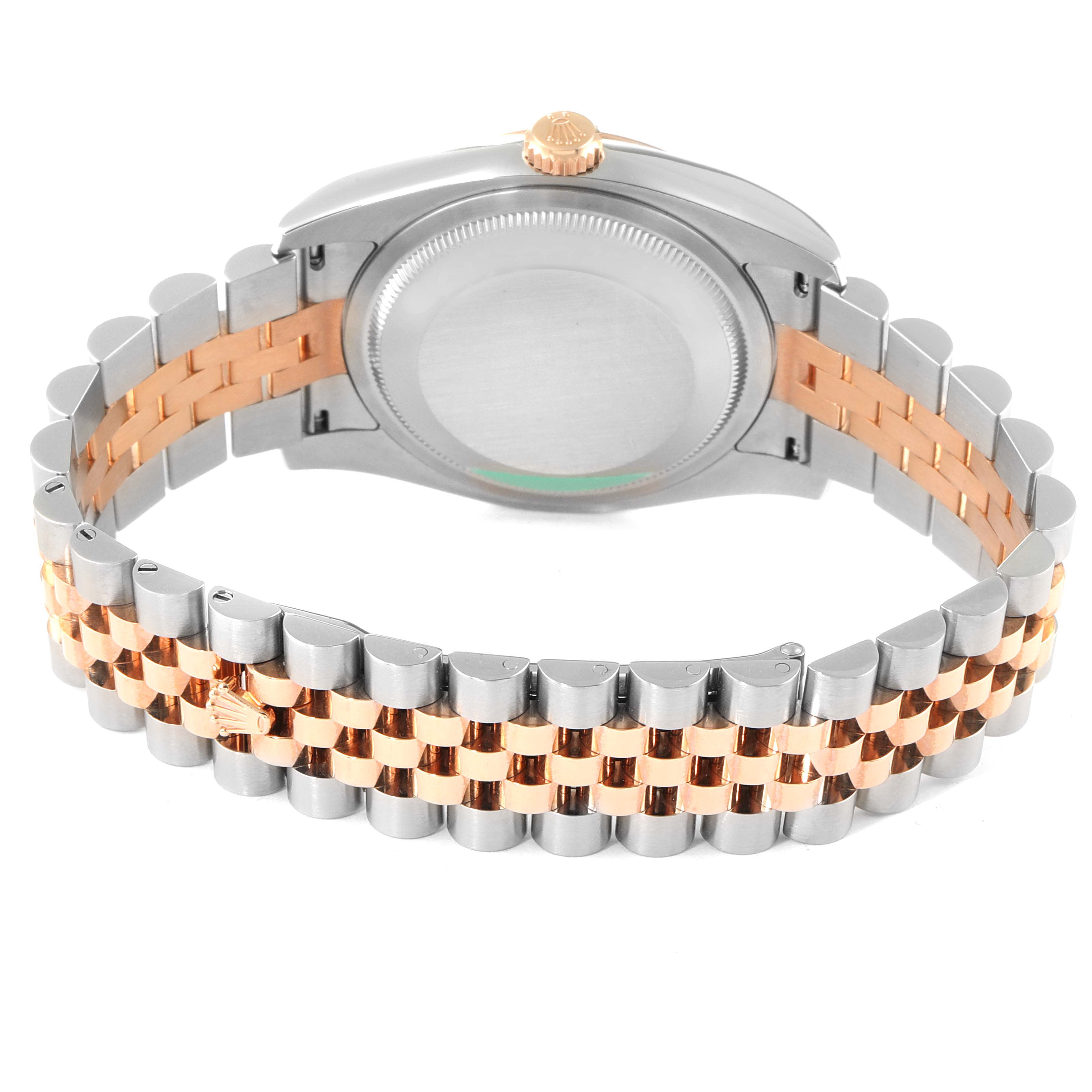 This image shows the rear view of a Rolex Datejust 116231 Men's Steel and Gold (two tone) White Dial 116231 Men's Steel and Gold (two tone) White Dial watch, focusing on the case back and Jubilee bracelet with a two-tone design.