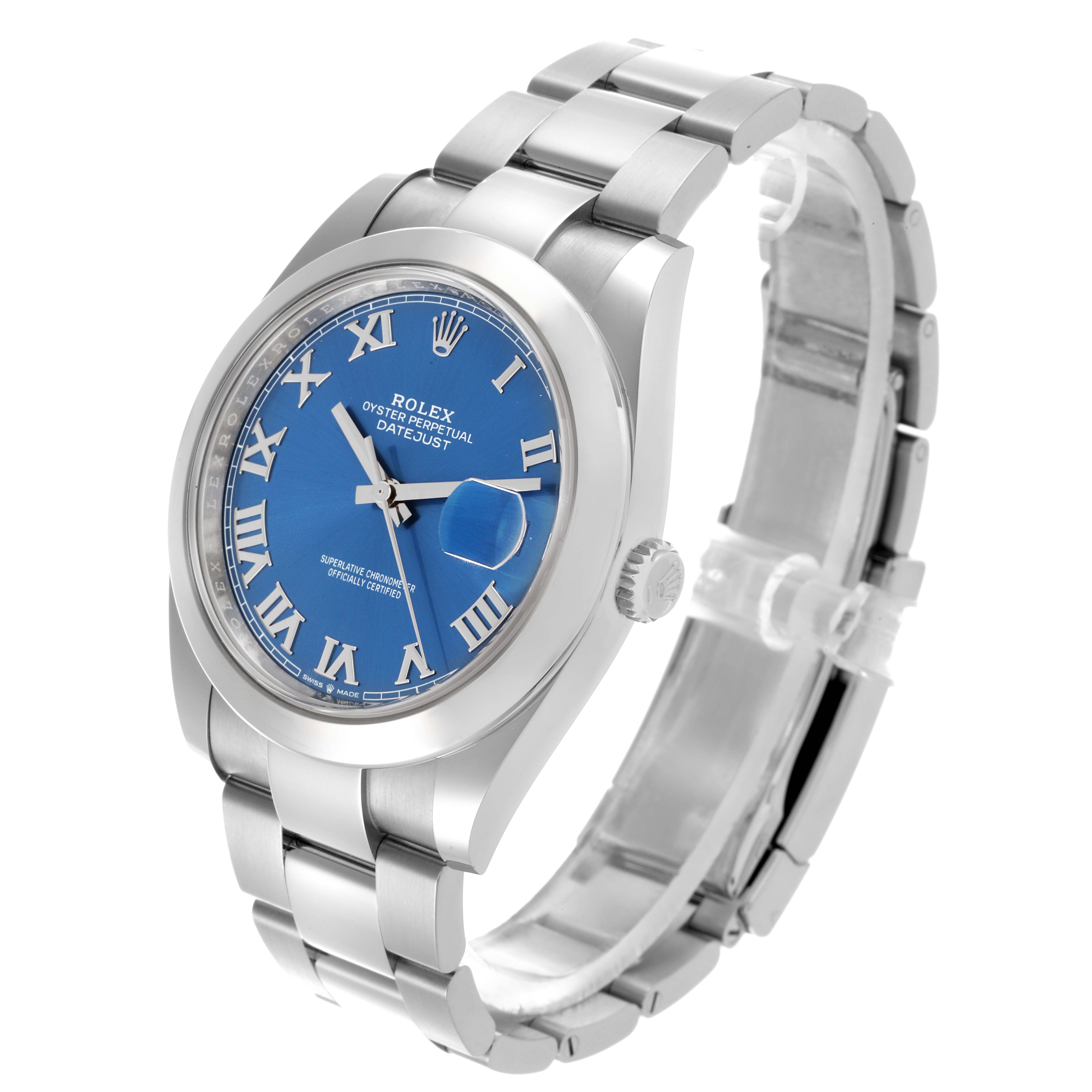 The Rolex Datejust 41 126300 Men's Stainless Steel Blue Dial 126300 Men's Stainless Steel Blue Dial is shown at an angle highlighting the blue dial, bezel, crown, and bracelet.