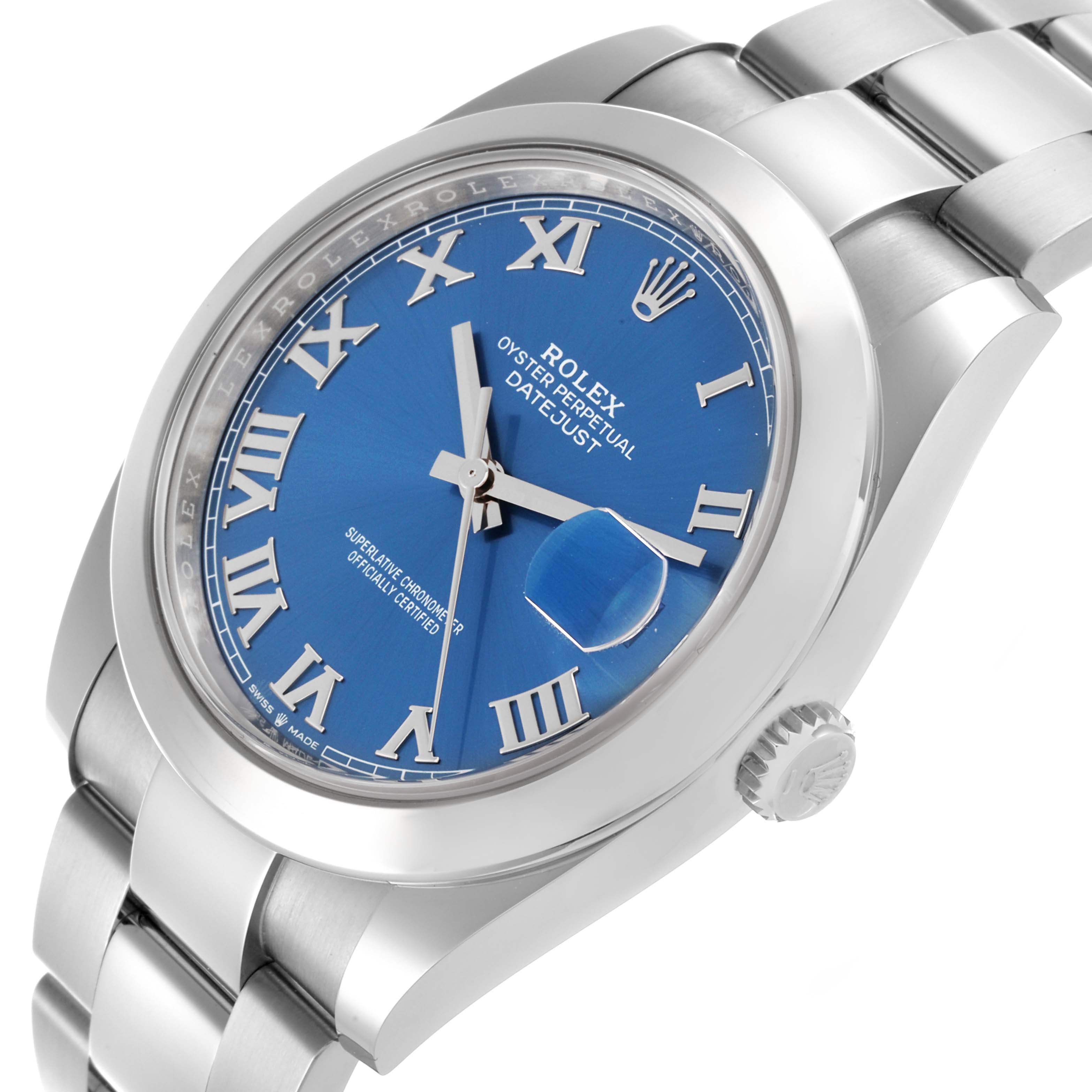 The Rolex Datejust 41 126300 Men's Stainless Steel Blue Dial 126300 Men's Stainless Steel Blue Dial is shown from an angled side view, highlighting the blue dial, bracelet, and crown.