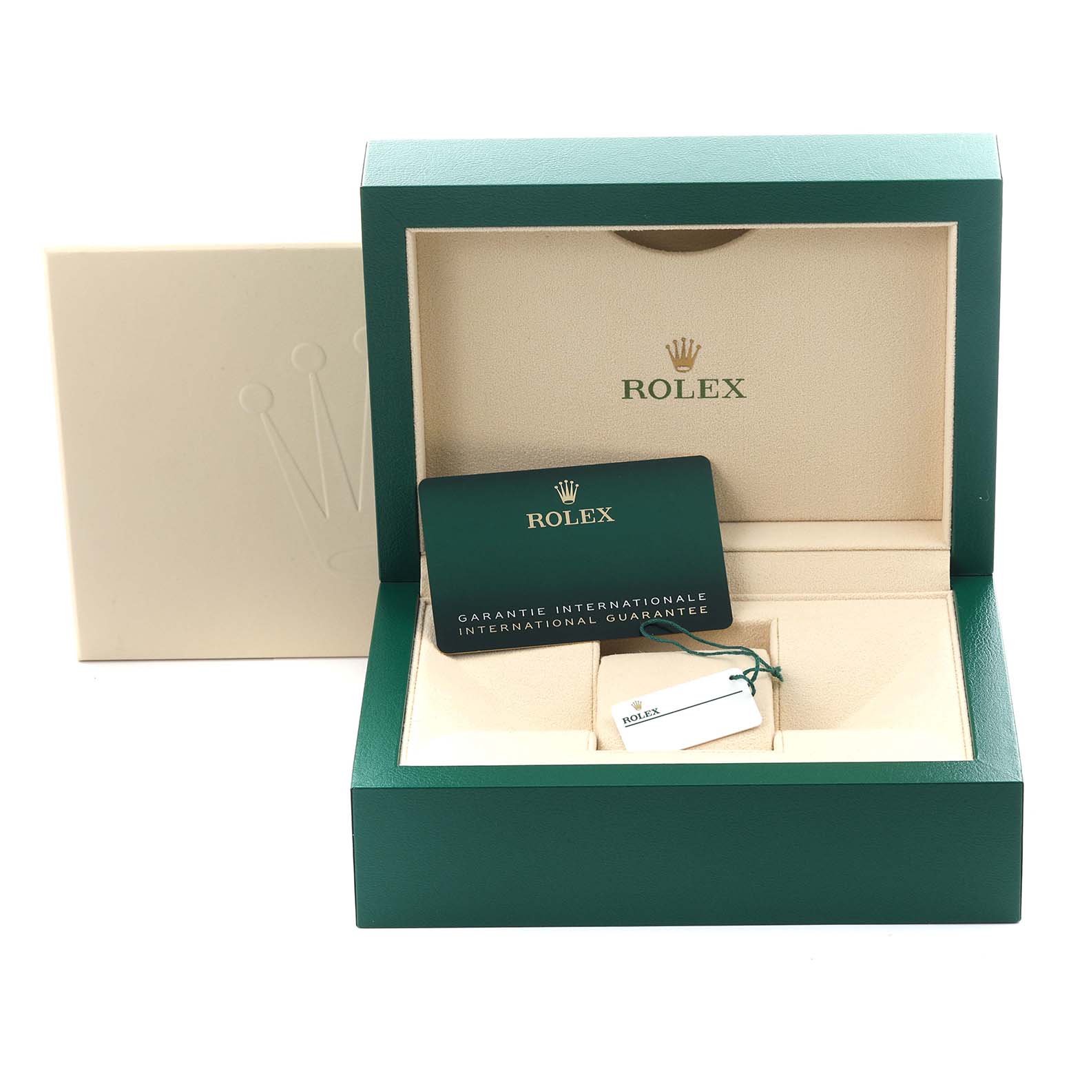 The image shows a Rolex Datejust 41 126300 Men's Stainless Steel Blue Dial 126300 Men's Stainless Steel Blue Dial box, guarantee card, and tag from a top-front angle.