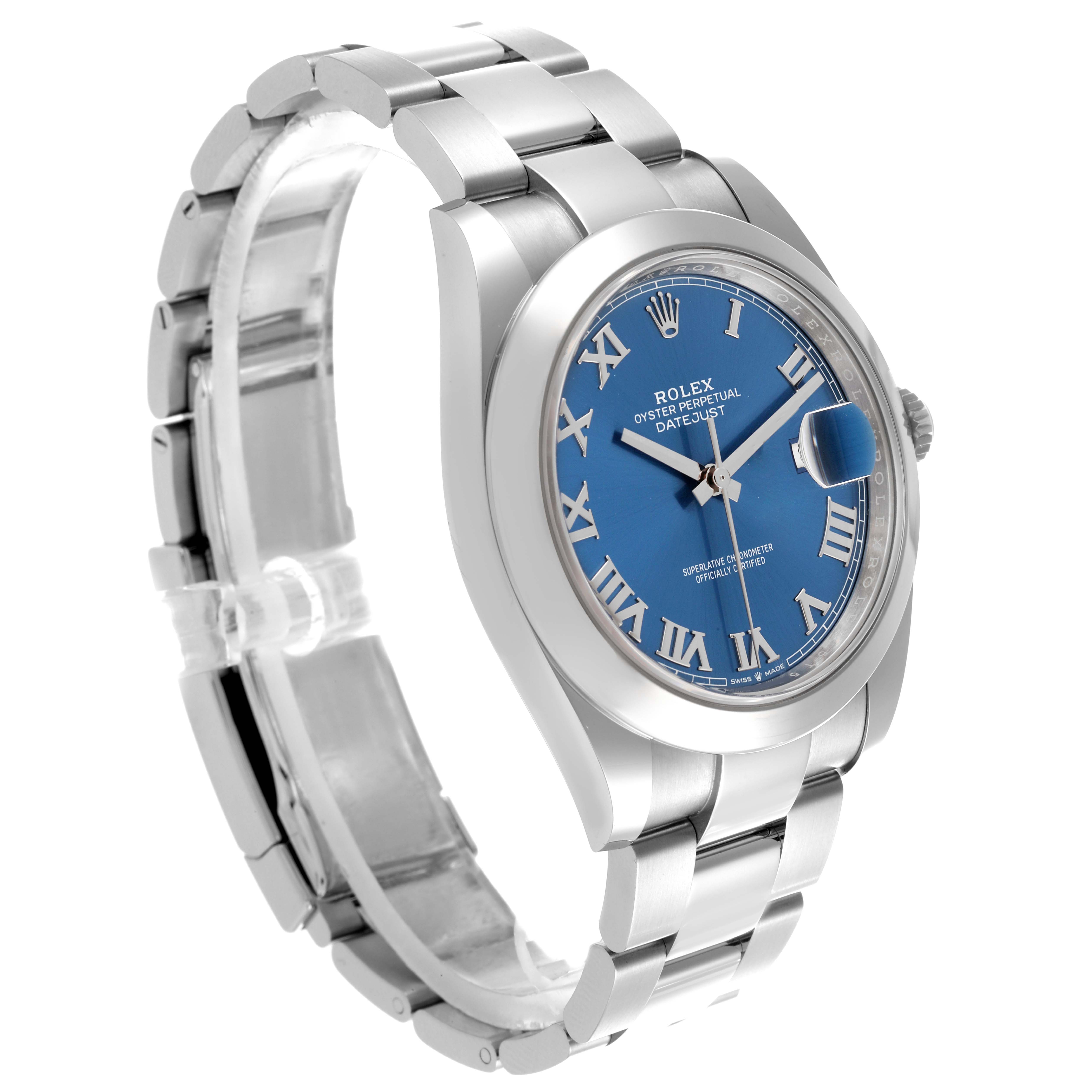 The Rolex Datejust 41 126300 Men's Stainless Steel Blue Dial 126300 Men's Stainless Steel Blue Dial watch is shown at an angled side view, highlighting the blue dial, Roman numerals, and bracelet.