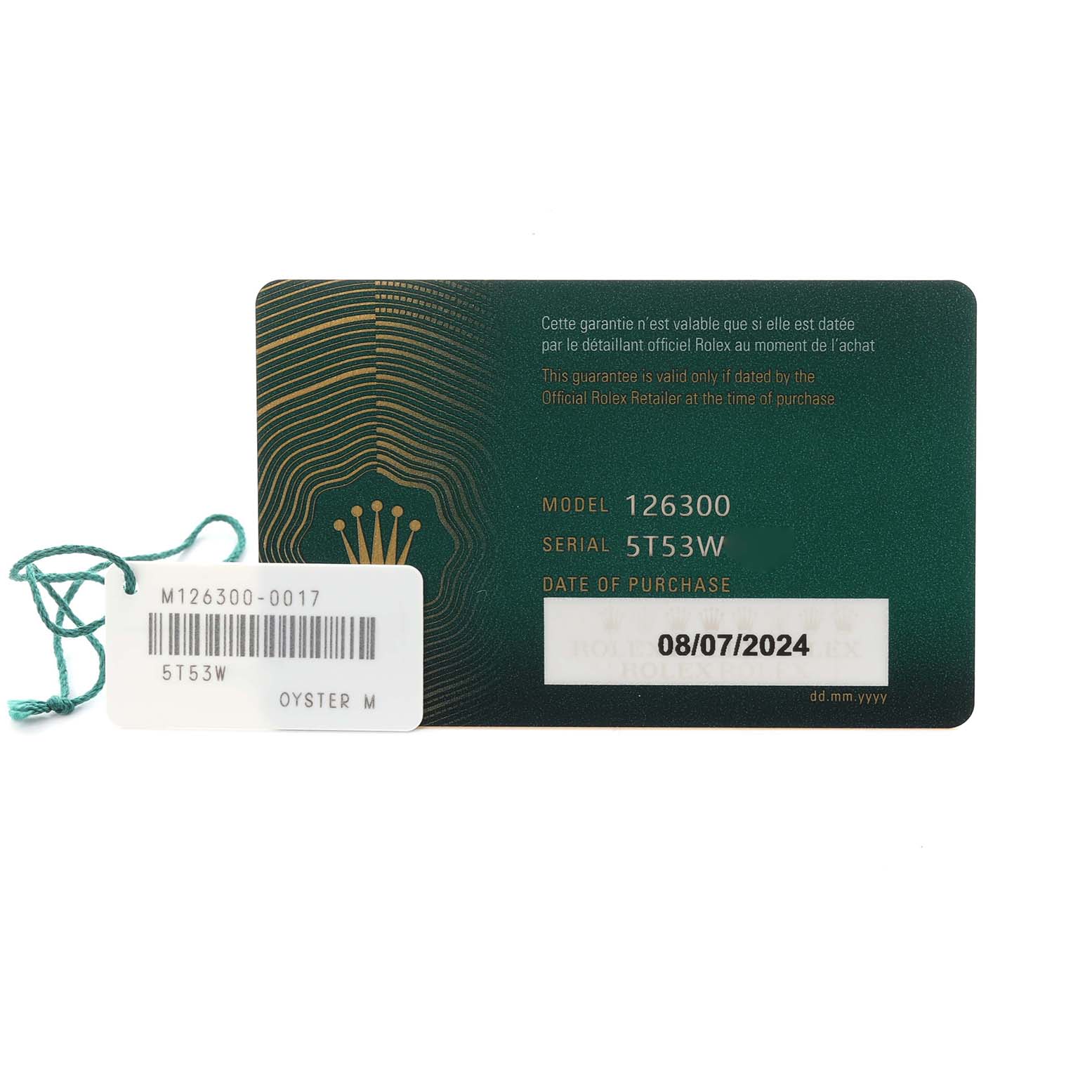 The image shows the warranty card and tag for the Rolex Datejust 41 126300 Men's Stainless Steel Blue Dial 126300 Men's Stainless Steel Blue Dial model.
