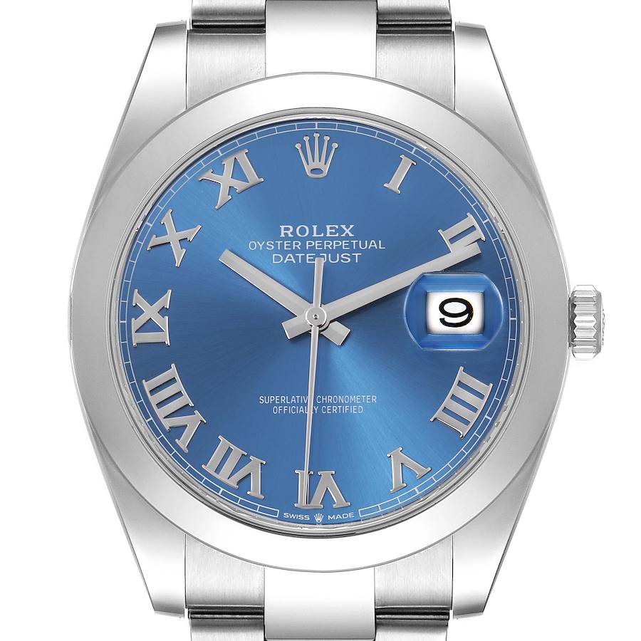 The Rolex Datejust 41 is shown in a frontal view, highlighting the blue dial, Roman numerals, bezel, and cyclops lens over the date.