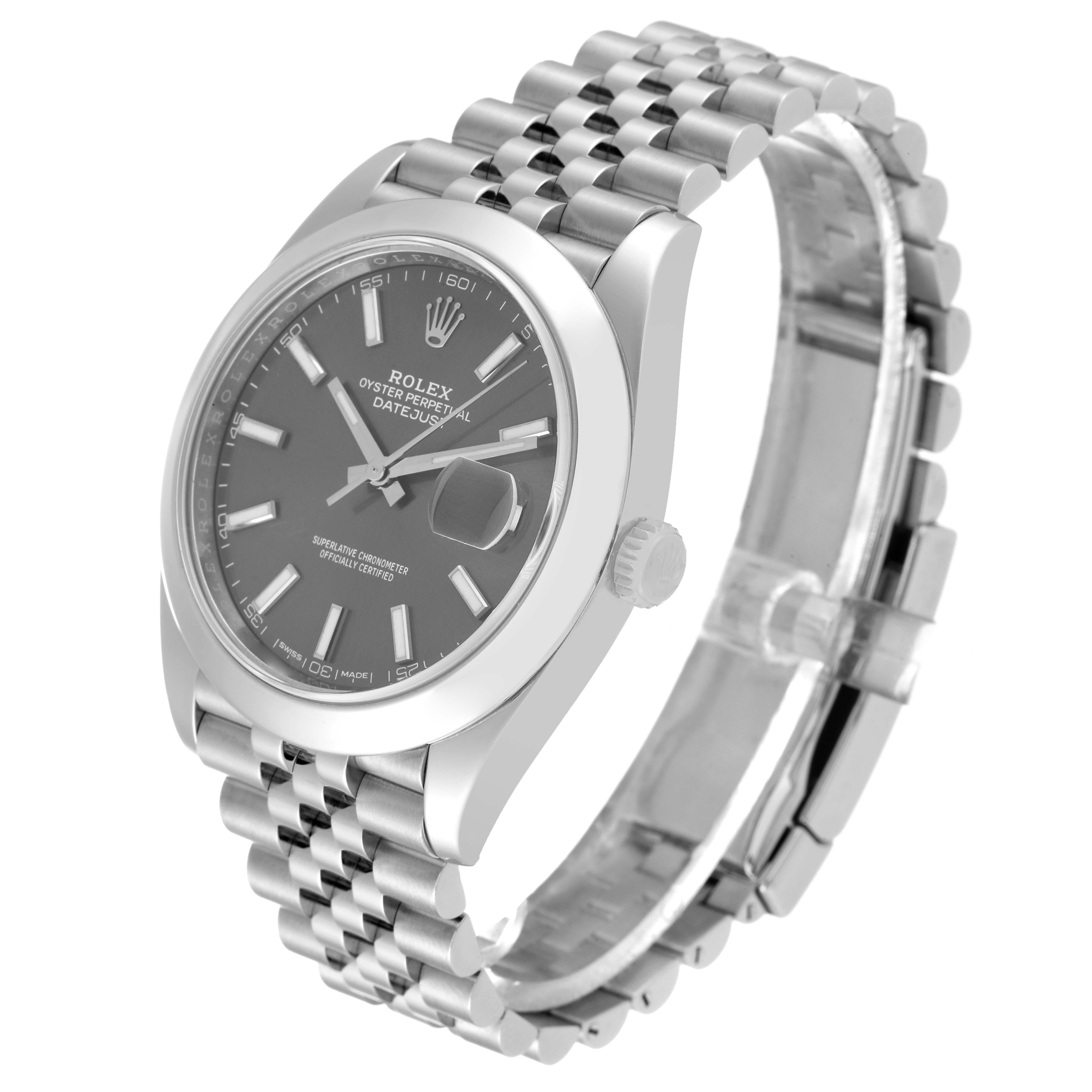 The image shows a Rolex Datejust 41 126300 Men
s Stainless Steel Grey Dial 126300 Men
s Stainless Steel Grey Dial watch at an angle highlighting the dial, bracelet, and crown.