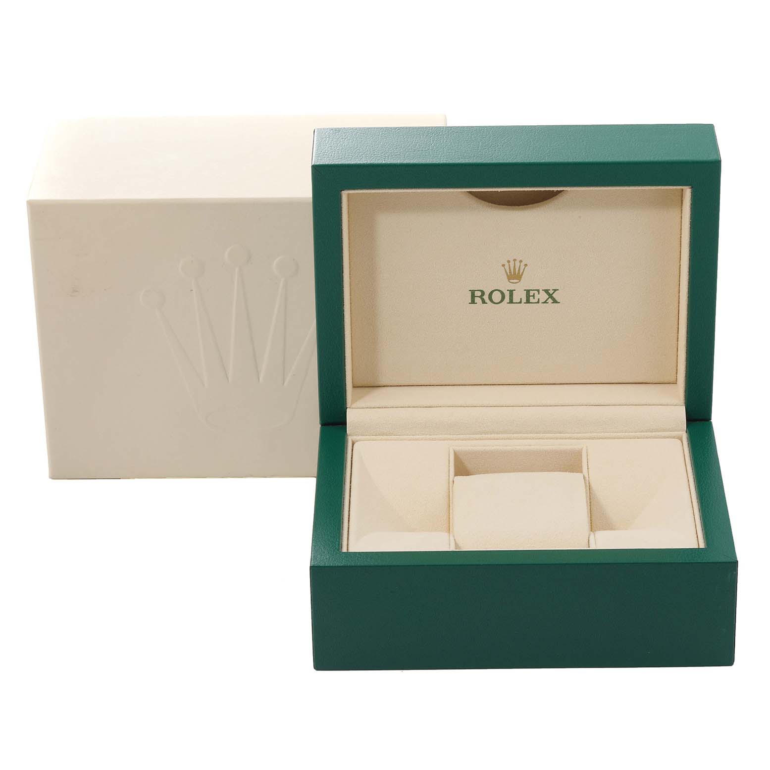 The image shows an open Rolex Datejust 41 126300 Men
s Stainless Steel Grey Dial 126300 Men
s Stainless Steel Grey Dial watch box and its outer packaging, displaying the logo inside the lid.