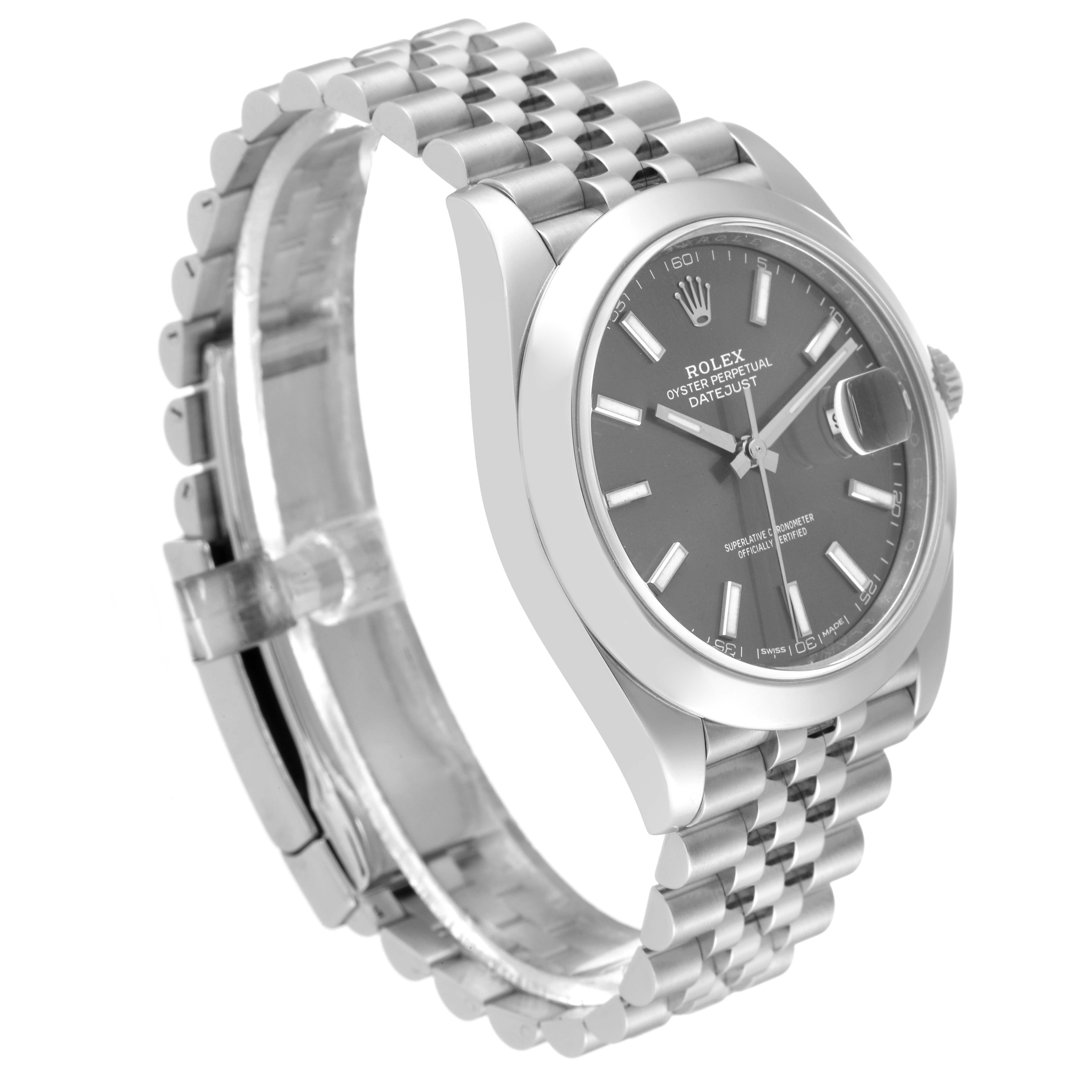 The image shows a Rolex Datejust 41 126300 Men
s Stainless Steel Grey Dial 126300 Men
s Stainless Steel Grey Dial watch from an angled side view, displaying the face, bezel, crown, and part of the bracelet.