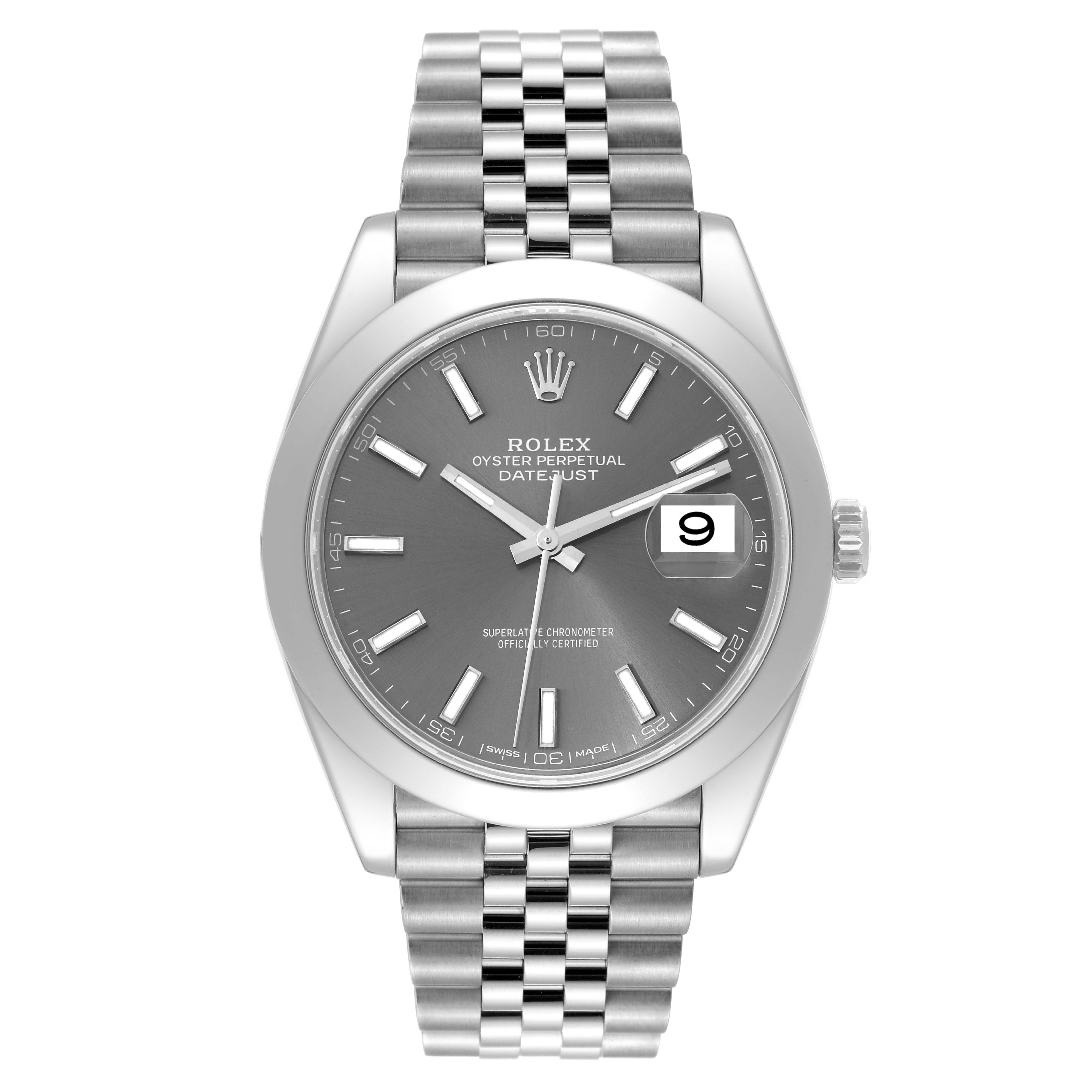 The image shows a frontal view of the Rolex Datejust 41 126300 Men
s Stainless Steel Grey Dial 126300 Men
s Stainless Steel Grey Dial watch, displaying its dial, bezel, and bracelet.