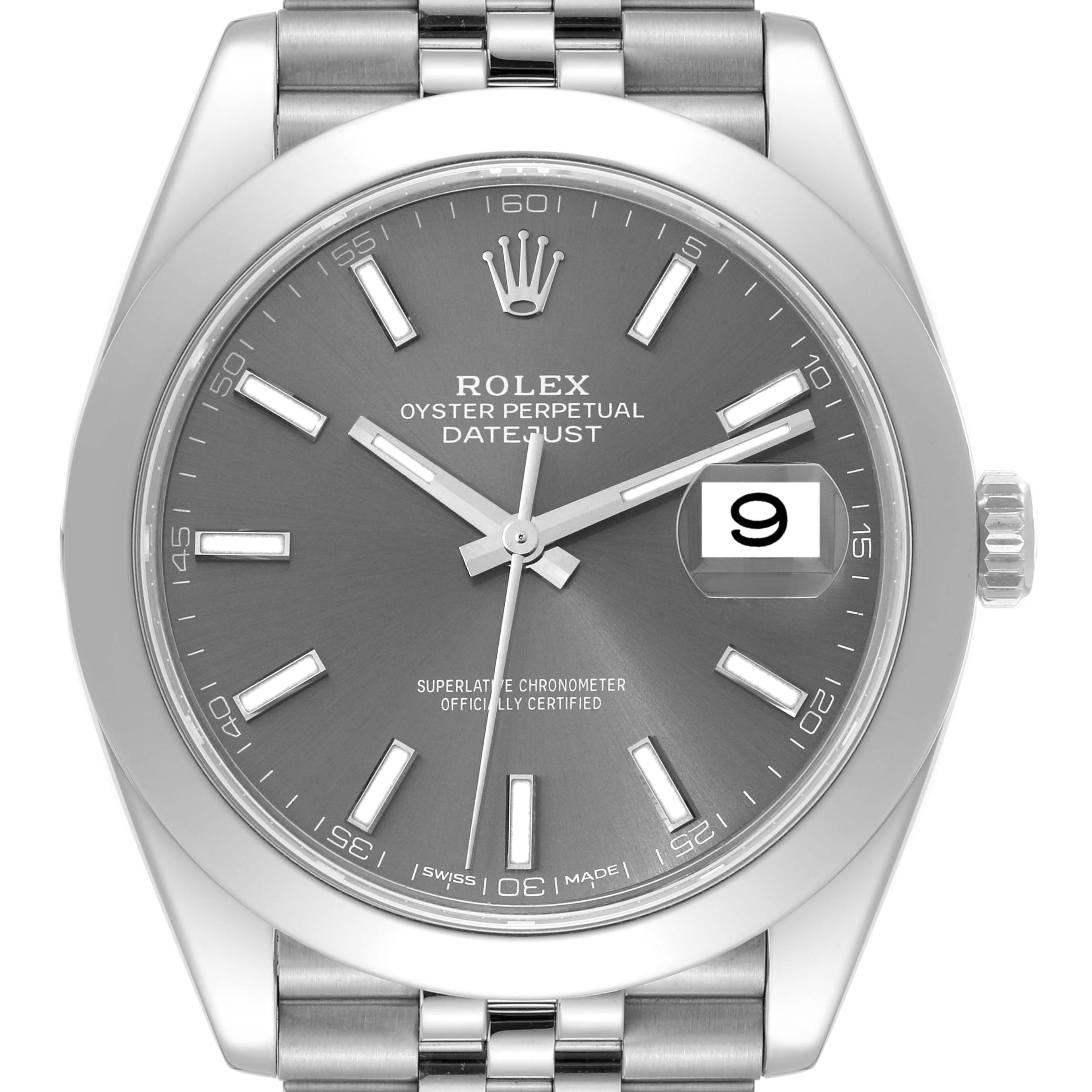The image shows a front view of the Rolex Datejust 41 126300 Men
s Stainless Steel Grey Dial 126300 Men
s Stainless Steel Grey Dial watch, highlighting its grey dial, date window, and stainless steel bracelet.