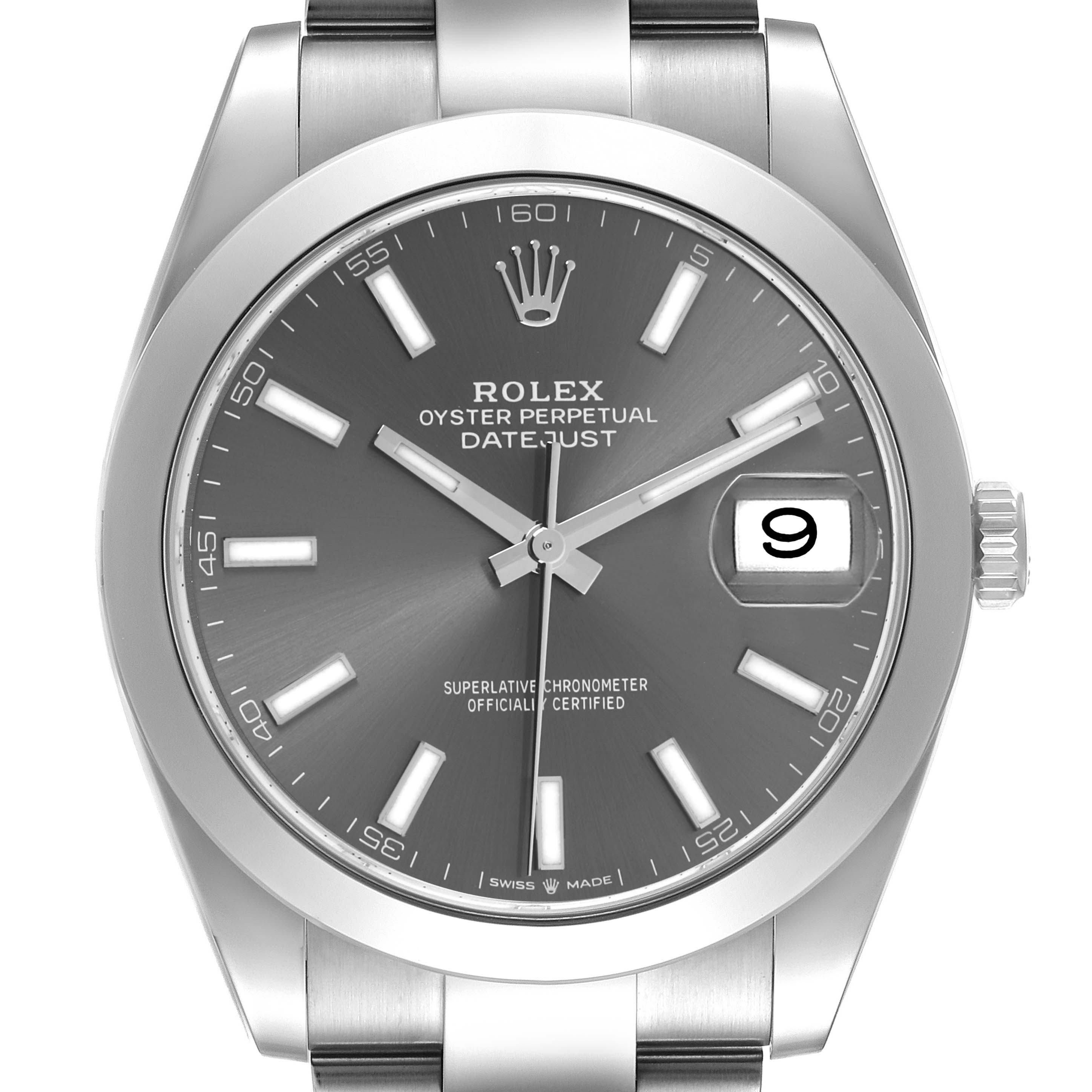 The image shows a frontal view of the Rolex Datejust 41 126300 Men's Stainless Steel Grey Dial 126300 Men's Stainless Steel Grey Dial, highlighting its dial, hands, bezel, and date window.