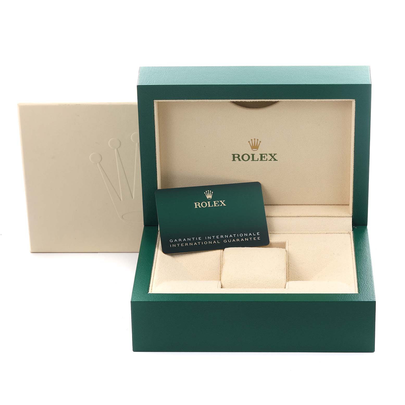 The image shows a Rolex Datejust 41 126300 Men's Stainless Steel Grey Dial 126300 Men's Stainless Steel Grey Dial watch box with the guarantee card, shot from the front.