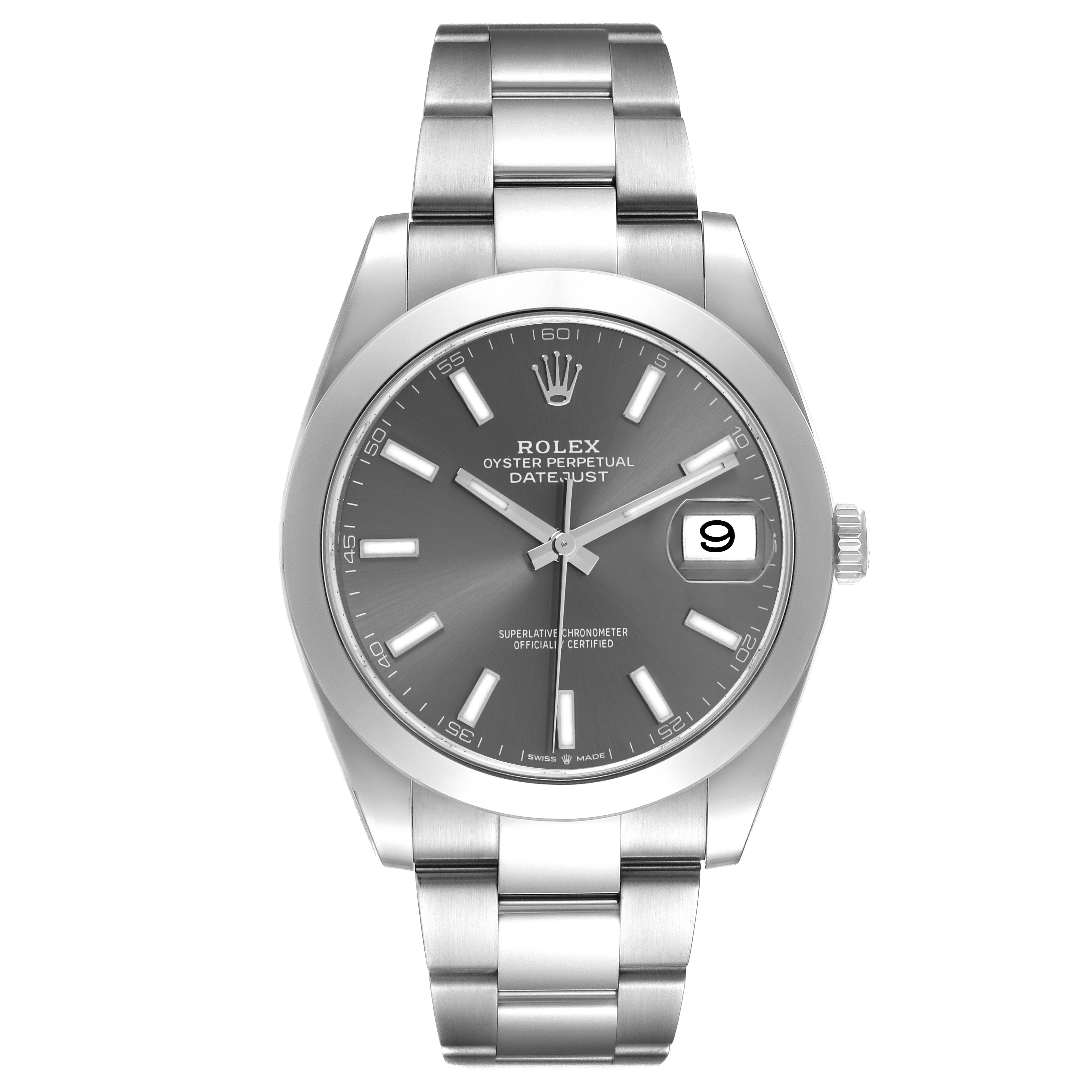The Rolex Datejust 41 126300 Men's Stainless Steel Grey Dial 126300 Men's Stainless Steel Grey Dial is shown from the front, displaying the dial, bracelet, bezel, and crown.