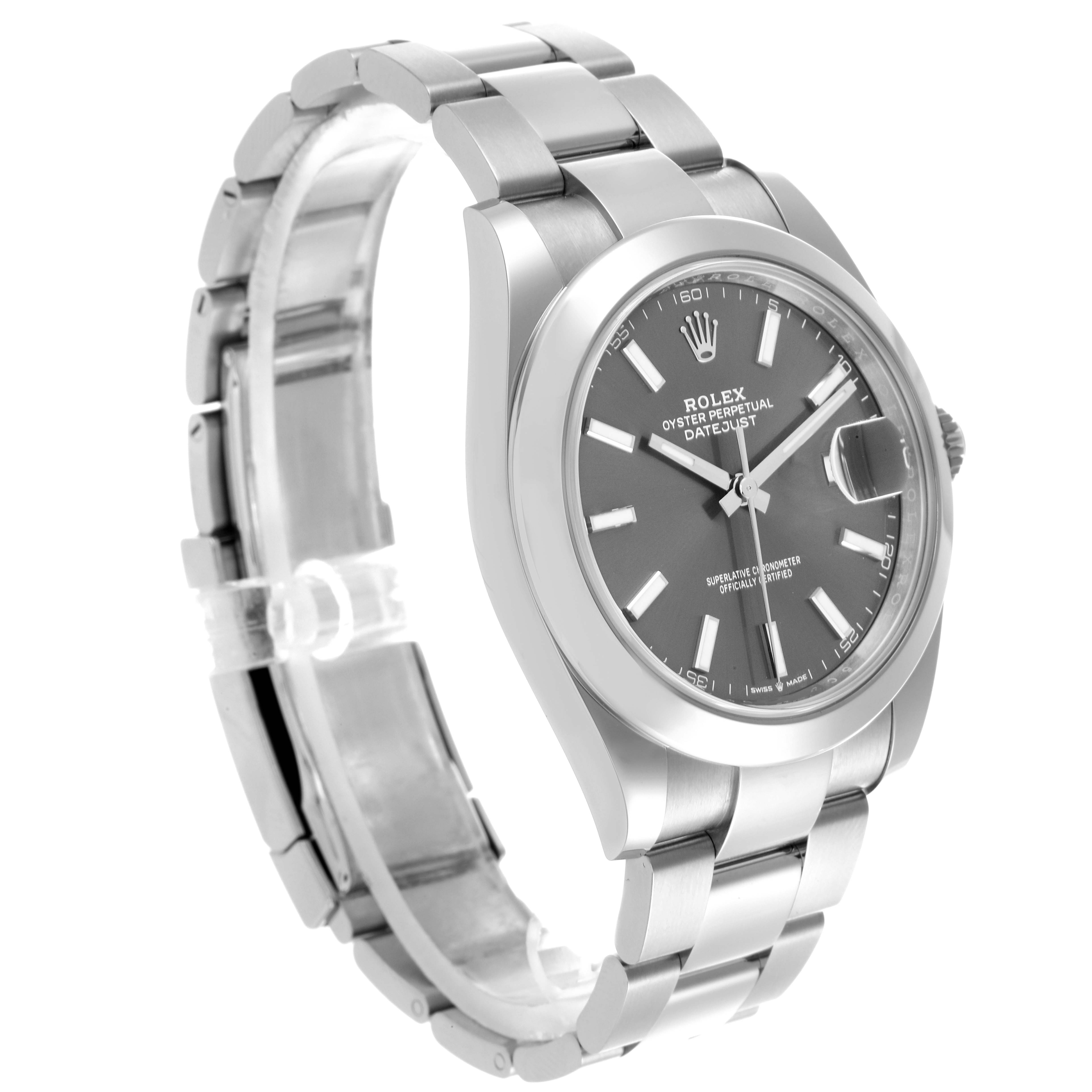 The Rolex Datejust 41 126300 Men's Stainless Steel Grey Dial 126300 Men's Stainless Steel Grey Dial is shown from a slightly angled side view, highlighting the dial, case, and bracelet.