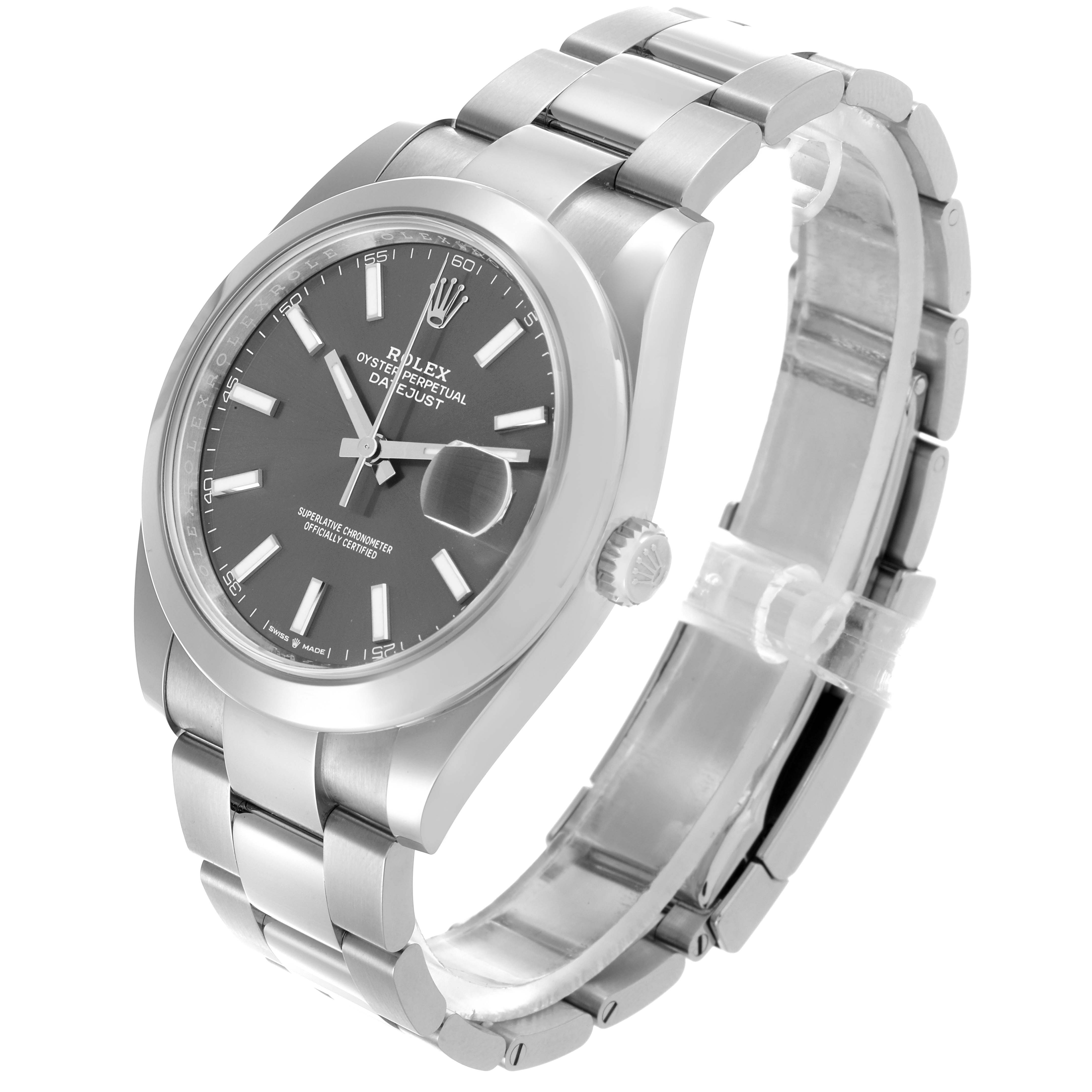 The Rolex Datejust 41 126300 Men's Stainless Steel Grey Dial 126300 Men's Stainless Steel Grey Dial watch is shown at a three-quarter angle, highlighting the dial, bezel, and bracelet.