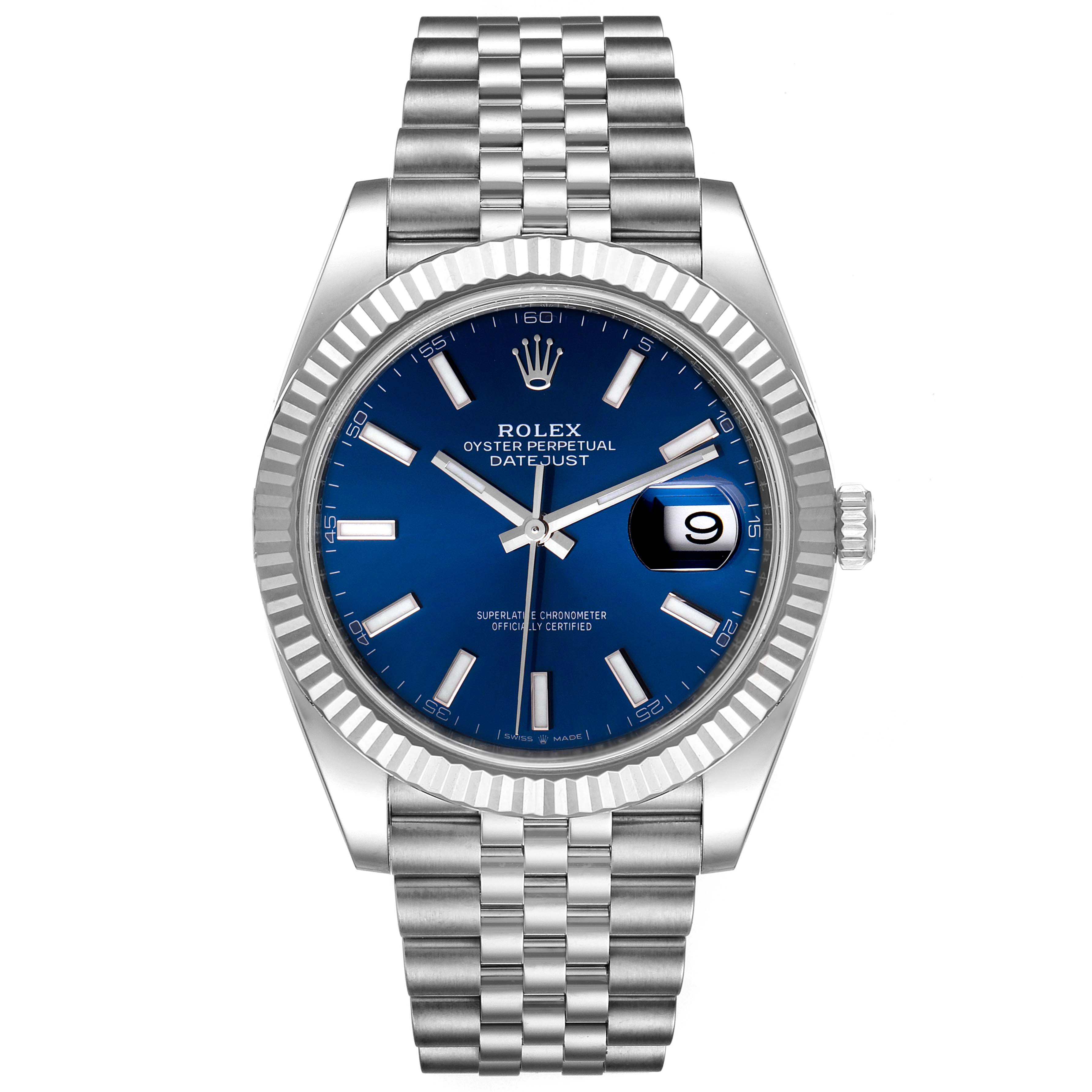 The image shows a front view of the Rolex Datejust 41 126334 Men's Stainless Steel Blue Dial 126334 Men's Stainless Steel Blue Dial, highlighting its blue dial, date window, and Jubilee bracelet.