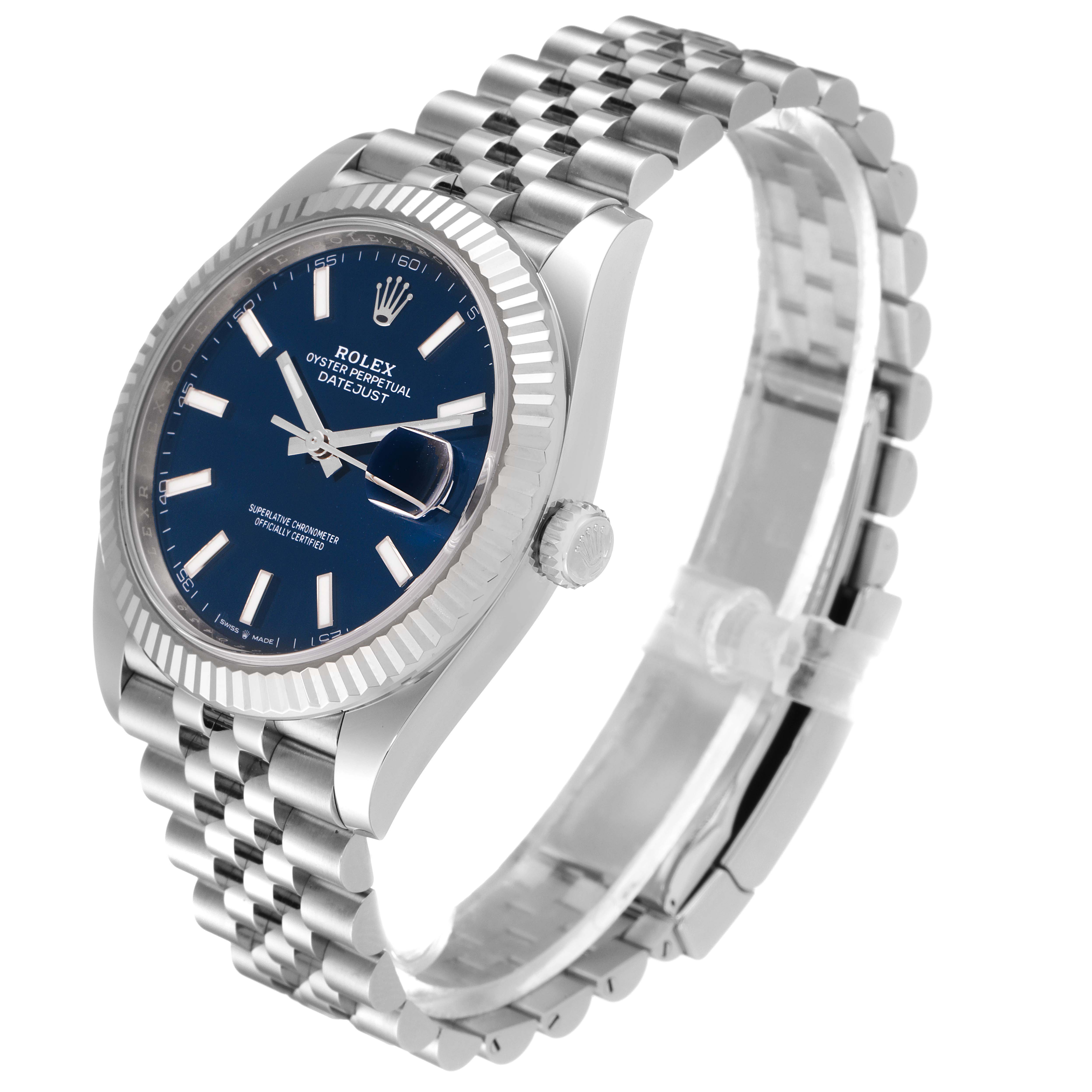 The image shows a side view of a Rolex Datejust 41 126334 Men's Stainless Steel Blue Dial 126334 Men's Stainless Steel Blue Dial model, including its blue dial, fluted bezel, and stainless steel bracelet.