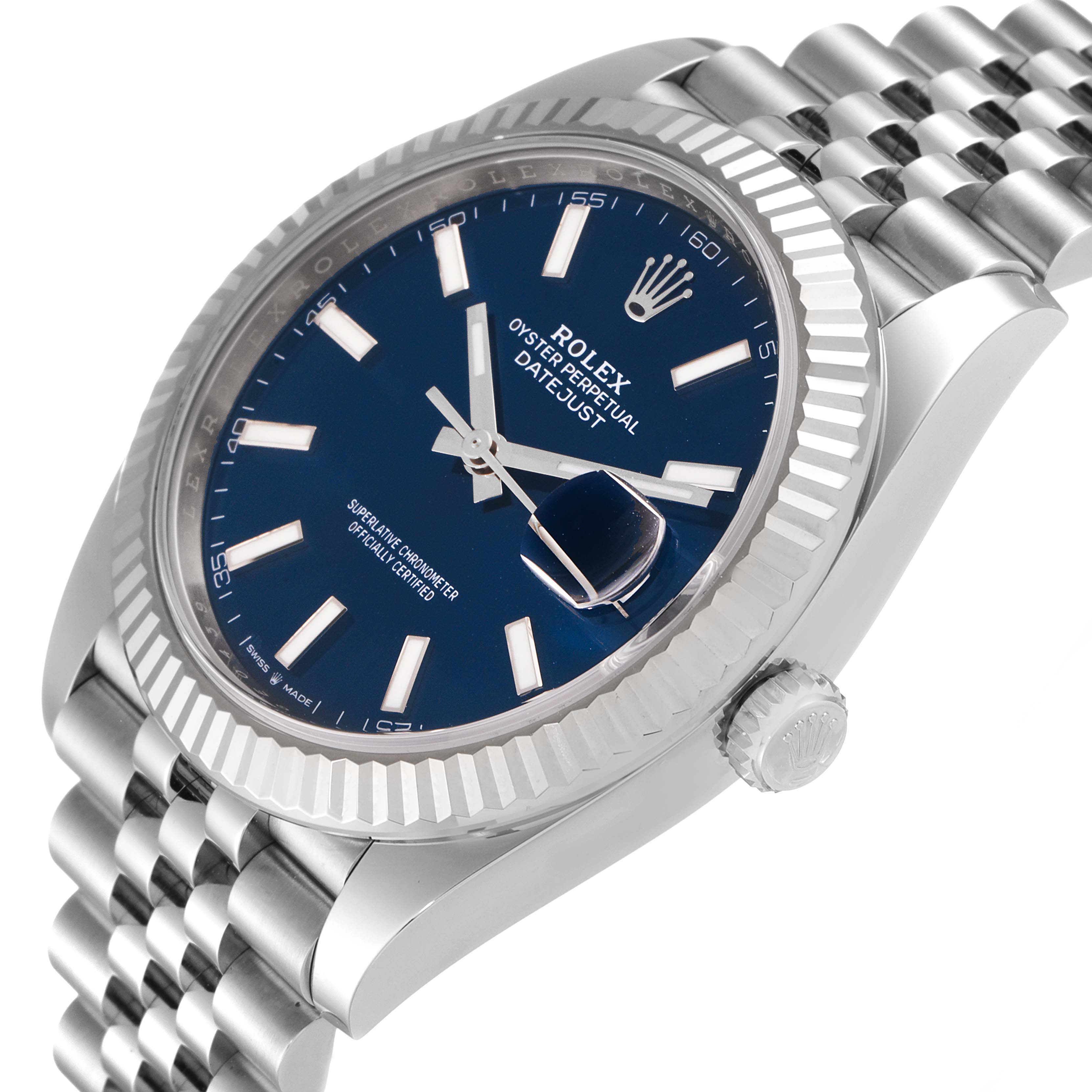 The image shows a Rolex Datejust 41 126334 Men's Stainless Steel Blue Dial 126334 Men's Stainless Steel Blue Dial watch at an oblique angle, highlighting the dial, bezel, crown, and part of the bracelet.