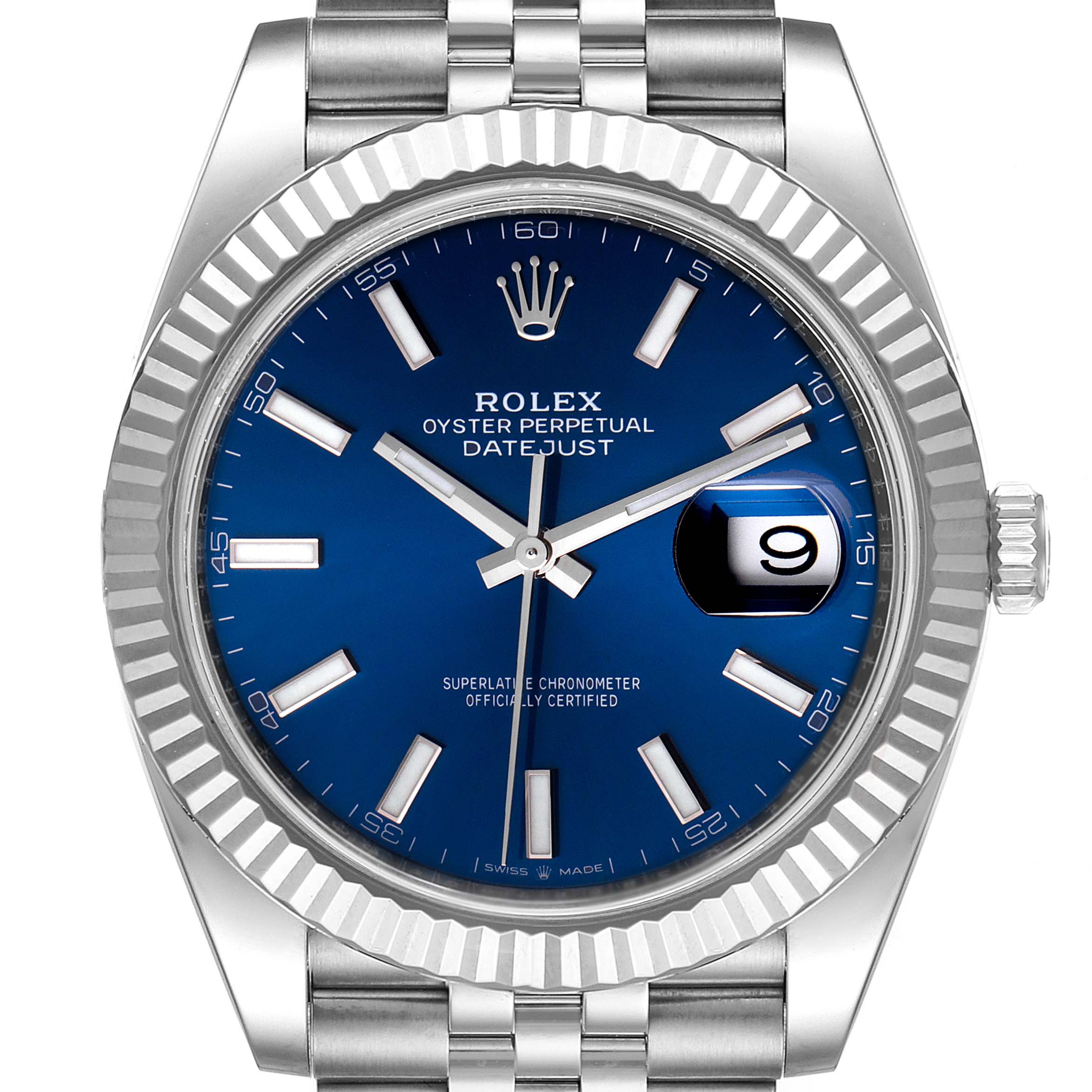 The image shows a front view of the Rolex Datejust 41 126334 Men's Stainless Steel Blue Dial 126334 Men's Stainless Steel Blue Dial watch, highlighting its blue dial, fluted bezel, and stainless steel bracelet.
