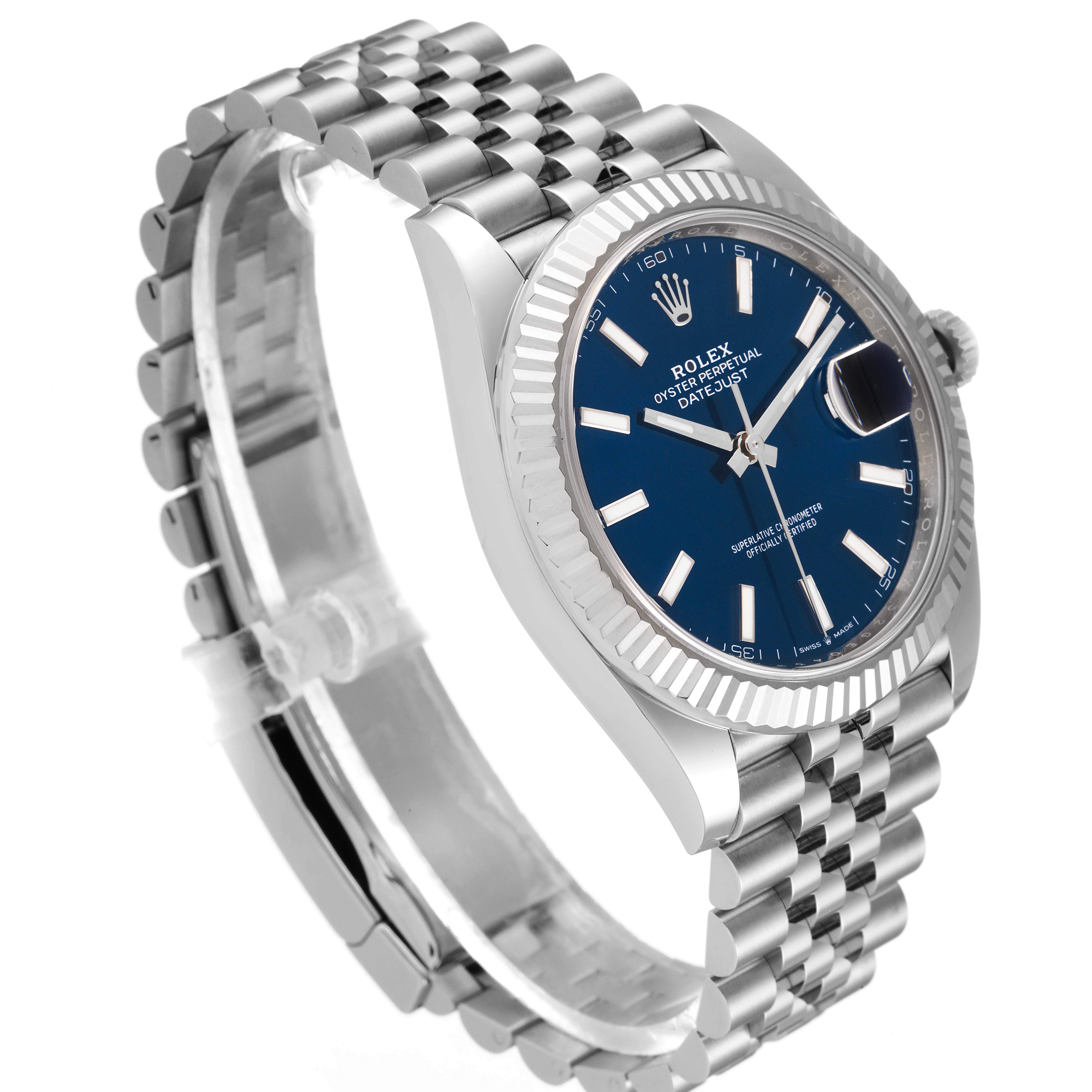 The Rolex Datejust 41 126334 Men's Stainless Steel Blue Dial 126334 Men's Stainless Steel Blue Dial watch is shown at an oblique angle, highlighting its blue dial, fluted bezel, and Jubilee bracelet.