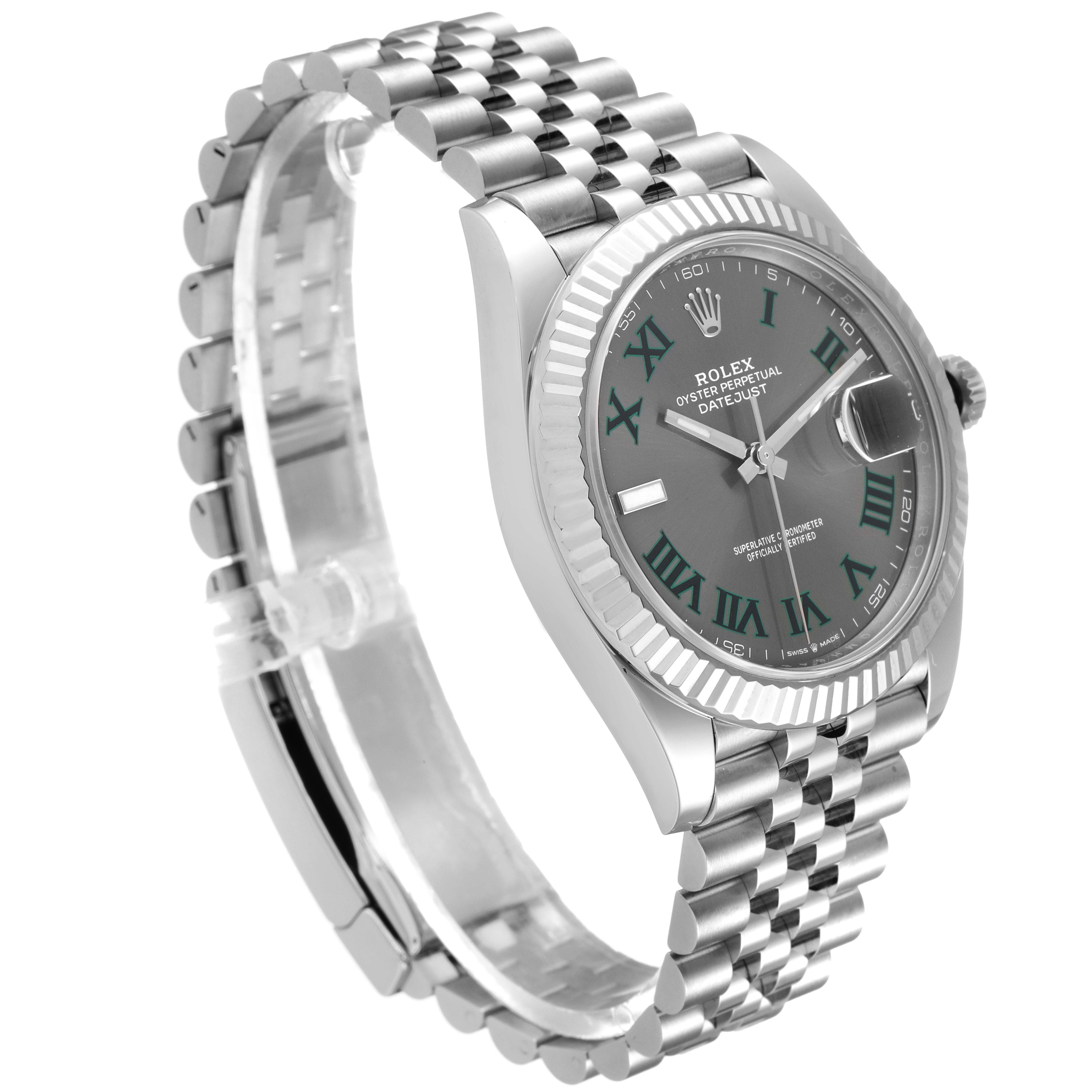 The image shows a side angle of a Rolex Datejust 41 126334 Men's Stainless Steel Grey Dial 126334 Men's Stainless Steel Grey Dial watch, highlighting its face, case, and bracelet.