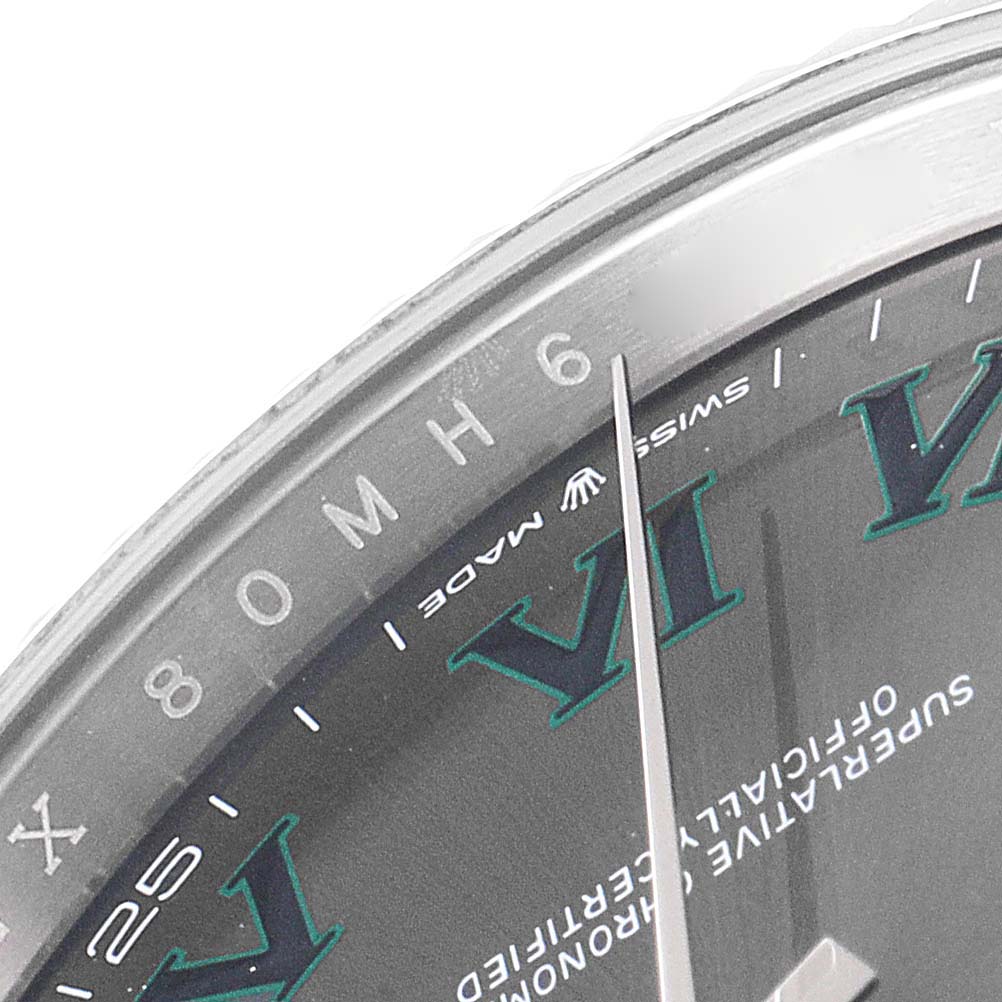 This close-up image shows the dial, Roman numerals, and part of the bezel of a Rolex Datejust 41 126334 Men's Stainless Steel Grey Dial 126334 Men's Stainless Steel Grey Dial watch.
