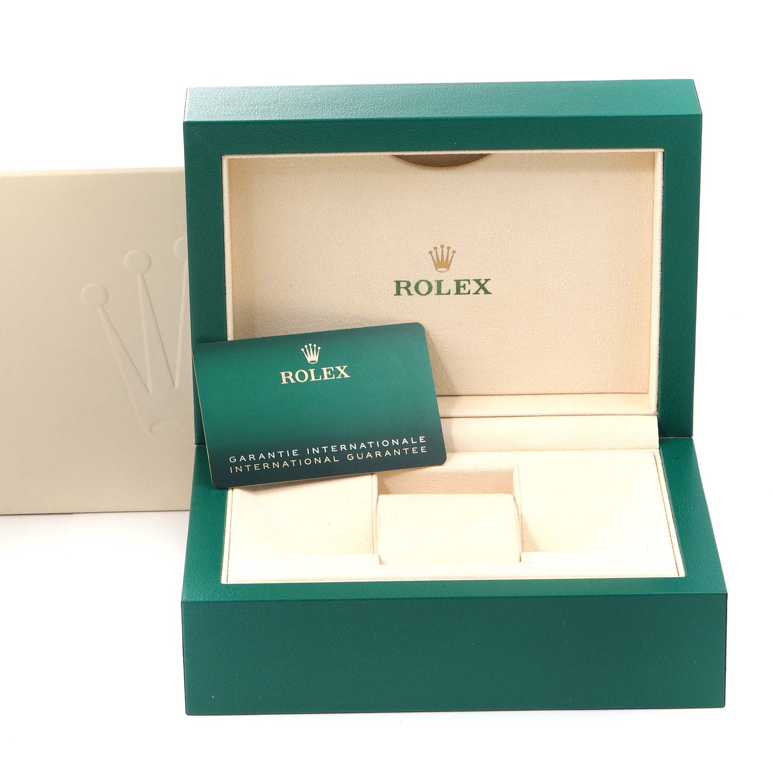 This image shows an open Rolex Datejust 41 126334 Men's Stainless Steel Grey Dial 126334 Men's Stainless Steel Grey Dial box with the international guarantee card in front.