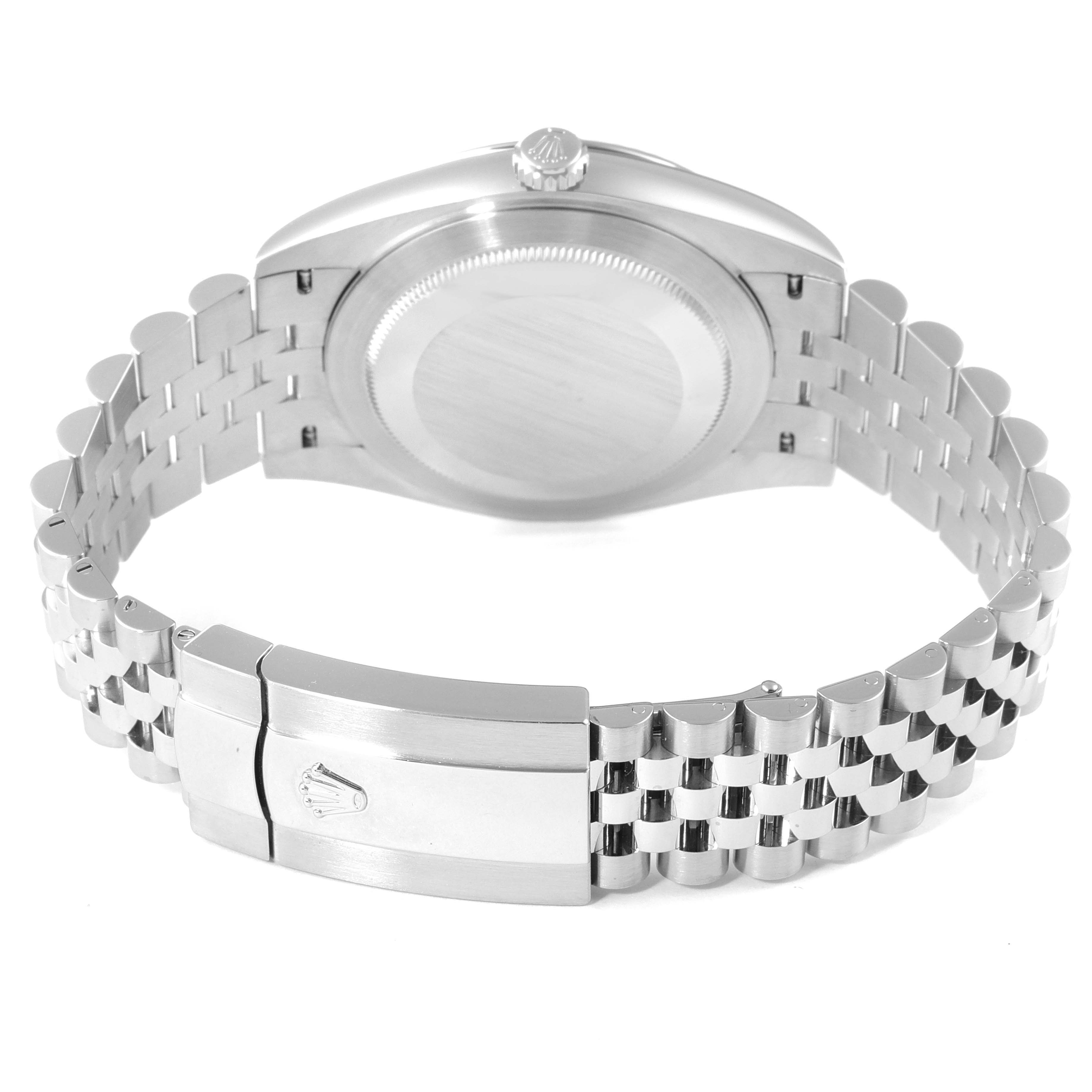 This image shows the back view of a Rolex Datejust 41 126334 Men's Stainless Steel Grey Dial 126334 Men's Stainless Steel Grey Dial watch, focusing on the case back and bracelet clasp.