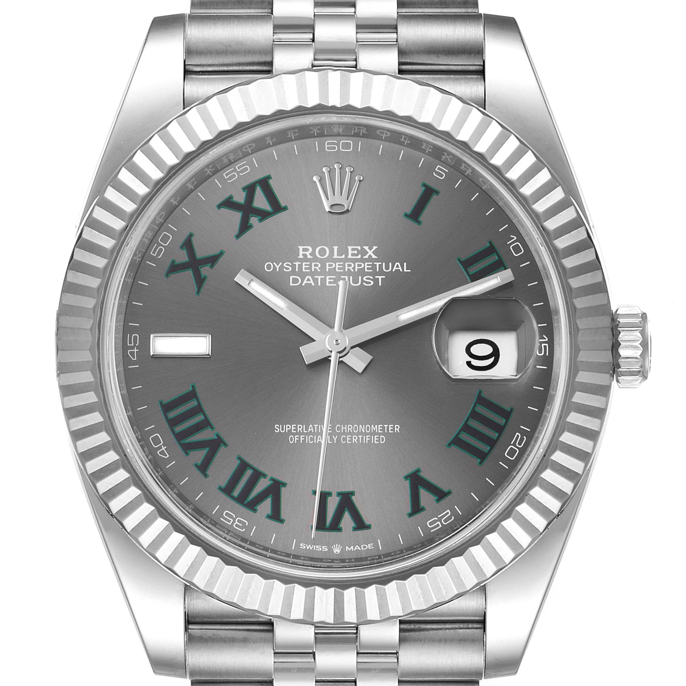 This is a front view of the Rolex Datejust 41 126334 Men's Stainless Steel Grey Dial 126334 Men's Stainless Steel Grey Dial, showing its face, bezel, crown, and part of its bracelet.