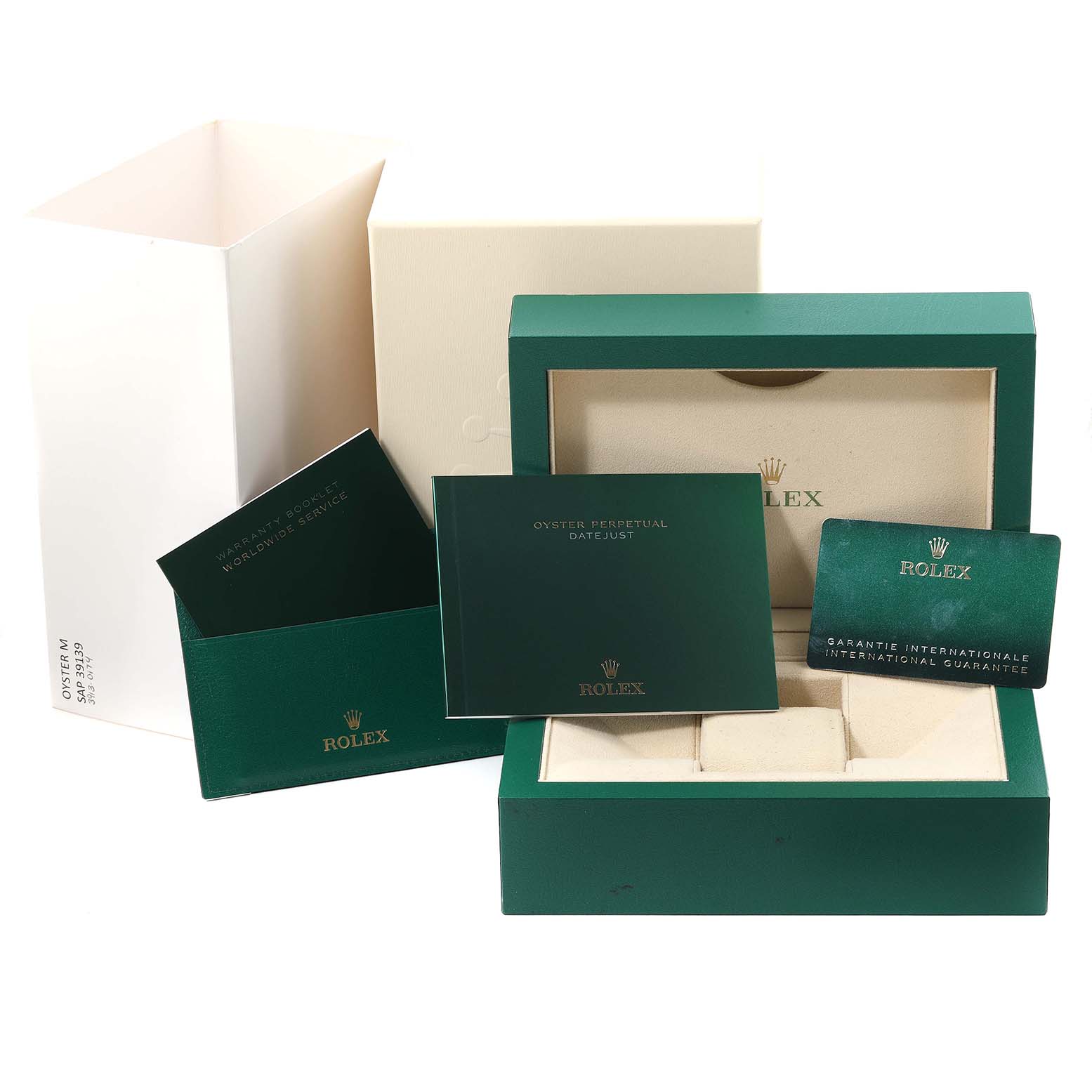 The image shows the packaging and accessories for the Rolex Datejust 41 126333 Men's Steel and Gold (two tone) Black Dial 126333 Men's Steel and Gold (two tone) Black Dial, including the box, manuals, and warranty card.