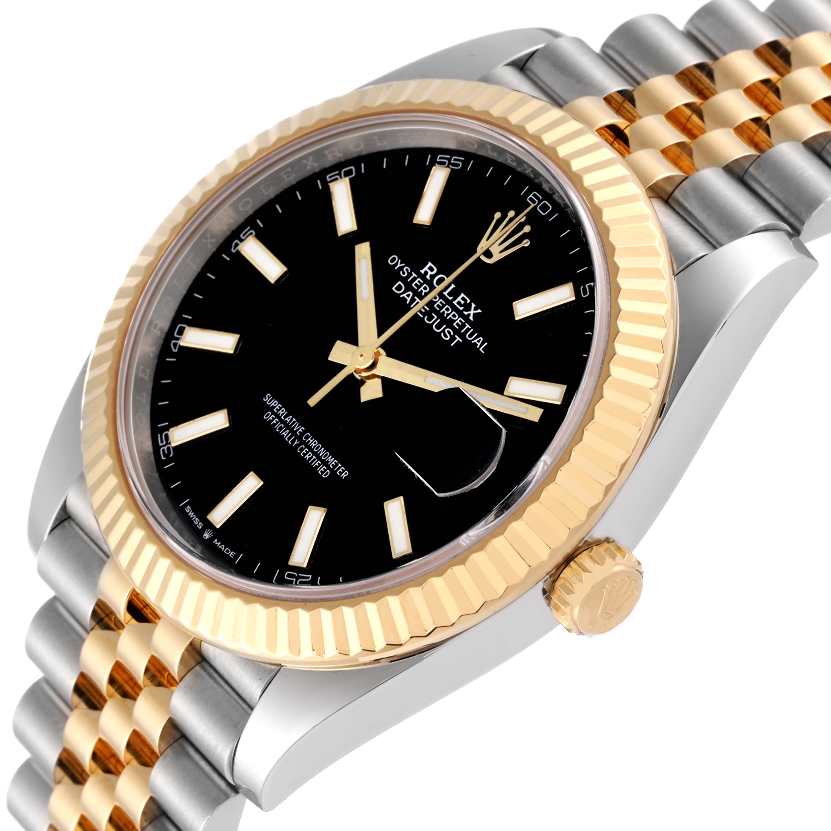 The image shows a Rolex Datejust 41 126333 Men's Steel and Gold (two tone) Black Dial 126333 Men's Steel and Gold (two tone) Black Dial watch at an angled view, highlighting the bezel, crown, and two-tone strap.