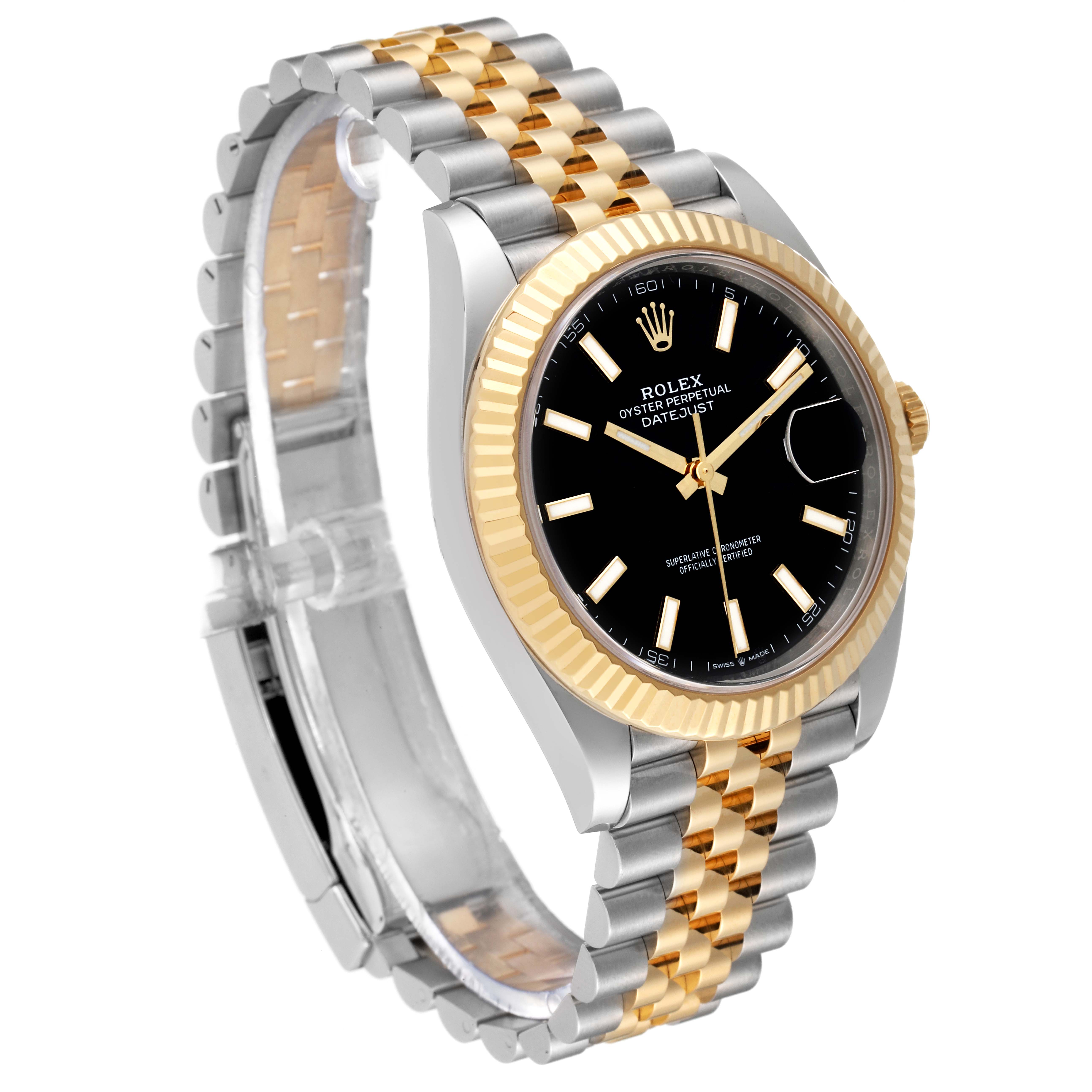The Rolex Datejust 41 126333 Men's Steel and Gold (two tone) Black Dial 126333 Men's Steel and Gold (two tone) Black Dial watch is shown at a front angle, displaying its black dial, fluted bezel, and two-tone Jubilee bracelet.