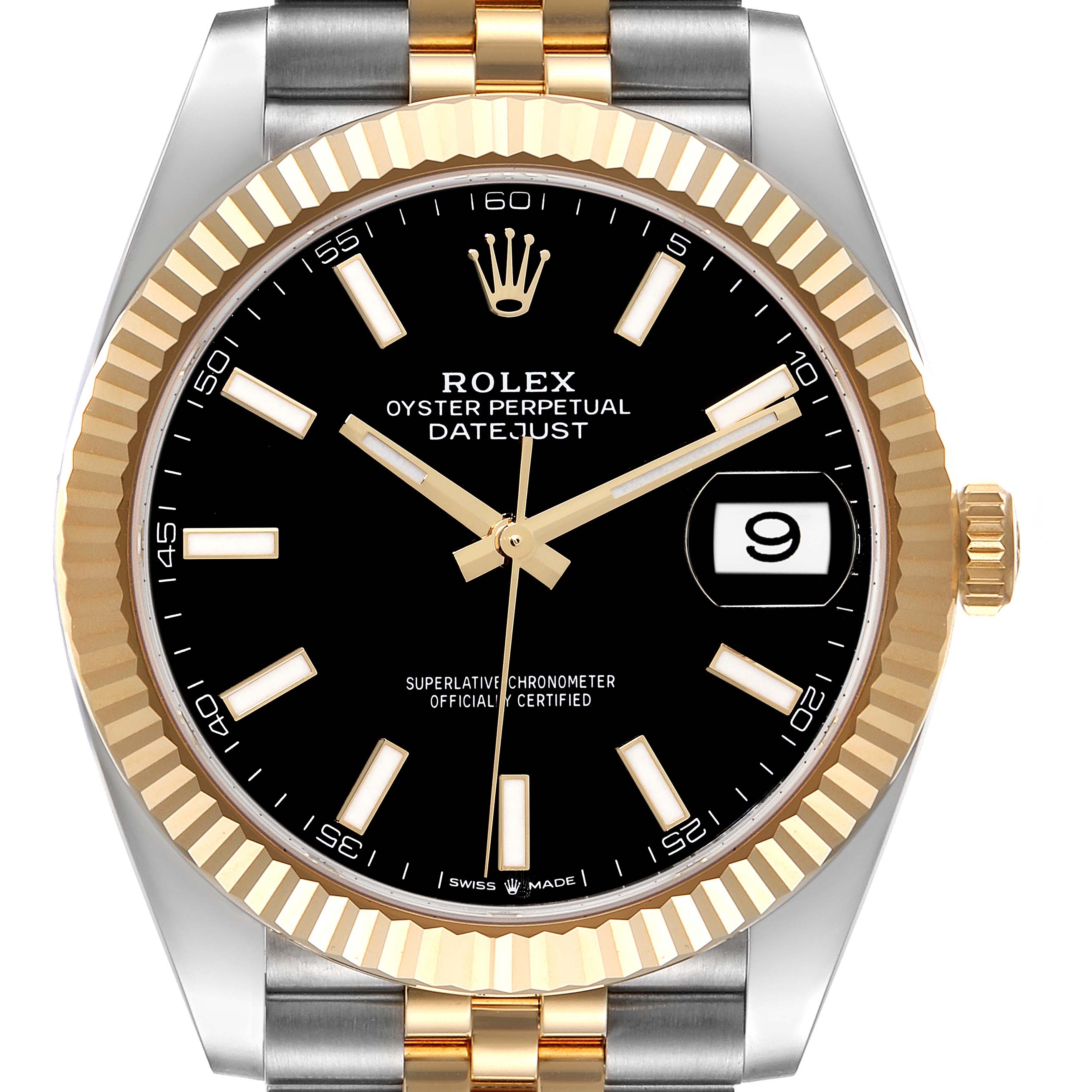 This image shows a front view of the Rolex Datejust 41 126333 Men's Steel and Gold (two tone) Black Dial 126333 Men's Steel and Gold (two tone) Black Dial watch, highlighting its dial, bezel, and part of the bracelet.