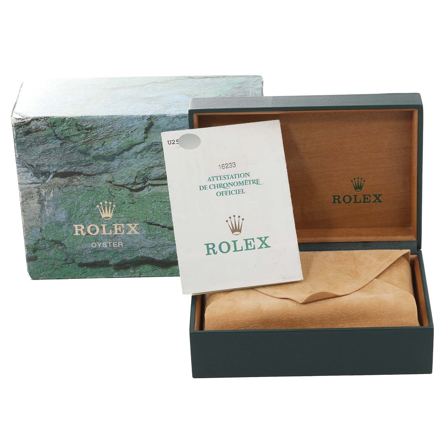 The image shows the Rolex Datejust 16233 Men's Steel and Gold (two tone) White Dial 16233 Men's Steel and Gold (two tone) White Dial box, interior cushion, certificate, and outer packaging at an angle.