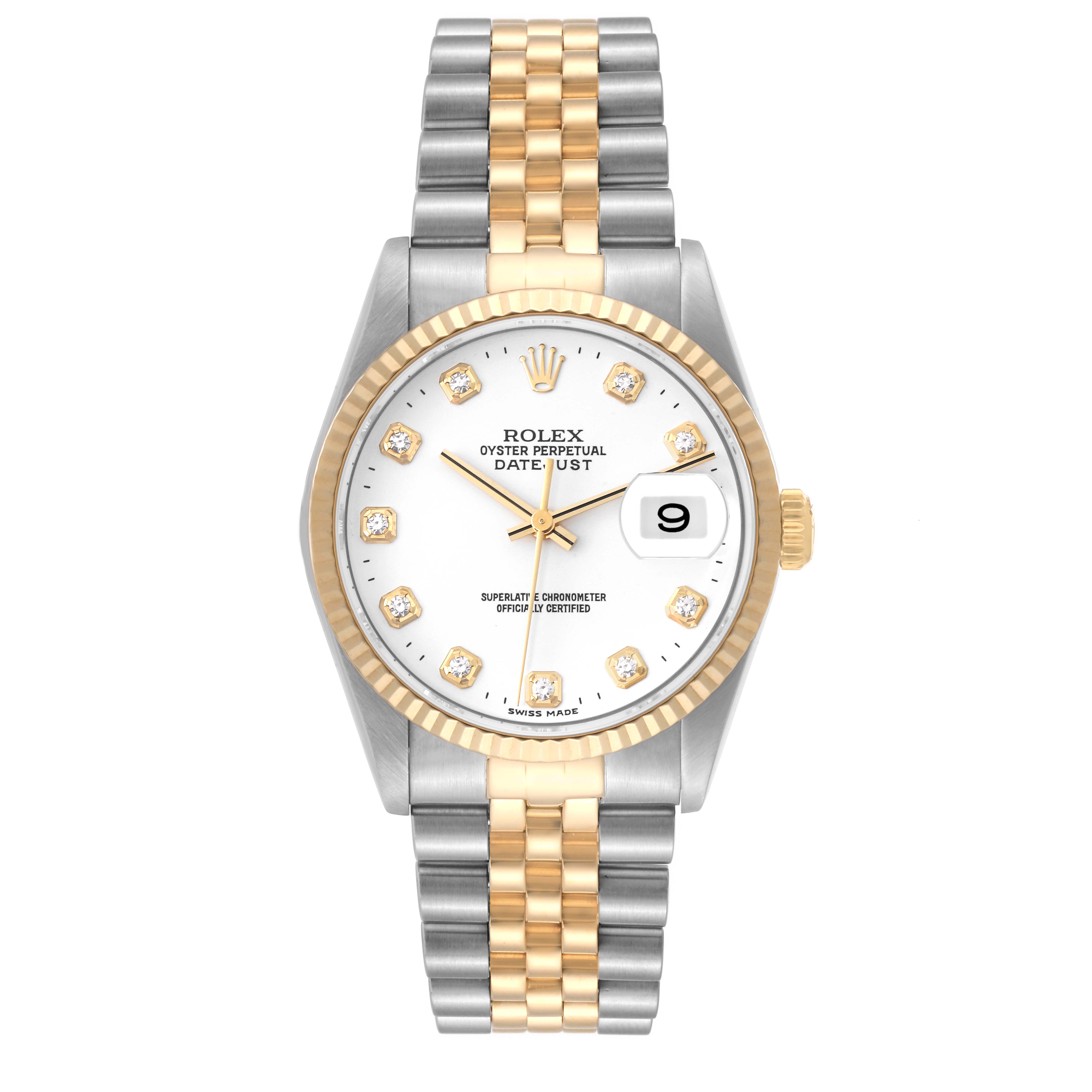 The image shows a Rolex Datejust 16233 Men's Steel and Gold (two tone) White Dial 16233 Men's Steel and Gold (two tone) White Dial watch from a front angle, highlighting its dial, bezel, and two-tone bracelet.