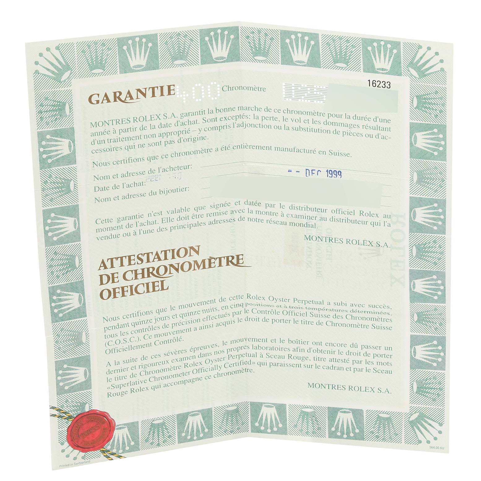 This image shows an open warranty certificate for a Rolex Datejust 16233 Men's Steel and Gold (two tone) White Dial 16233 Men's Steel and Gold (two tone) White Dial watch, highlighting its guarantee and chronometer certification.