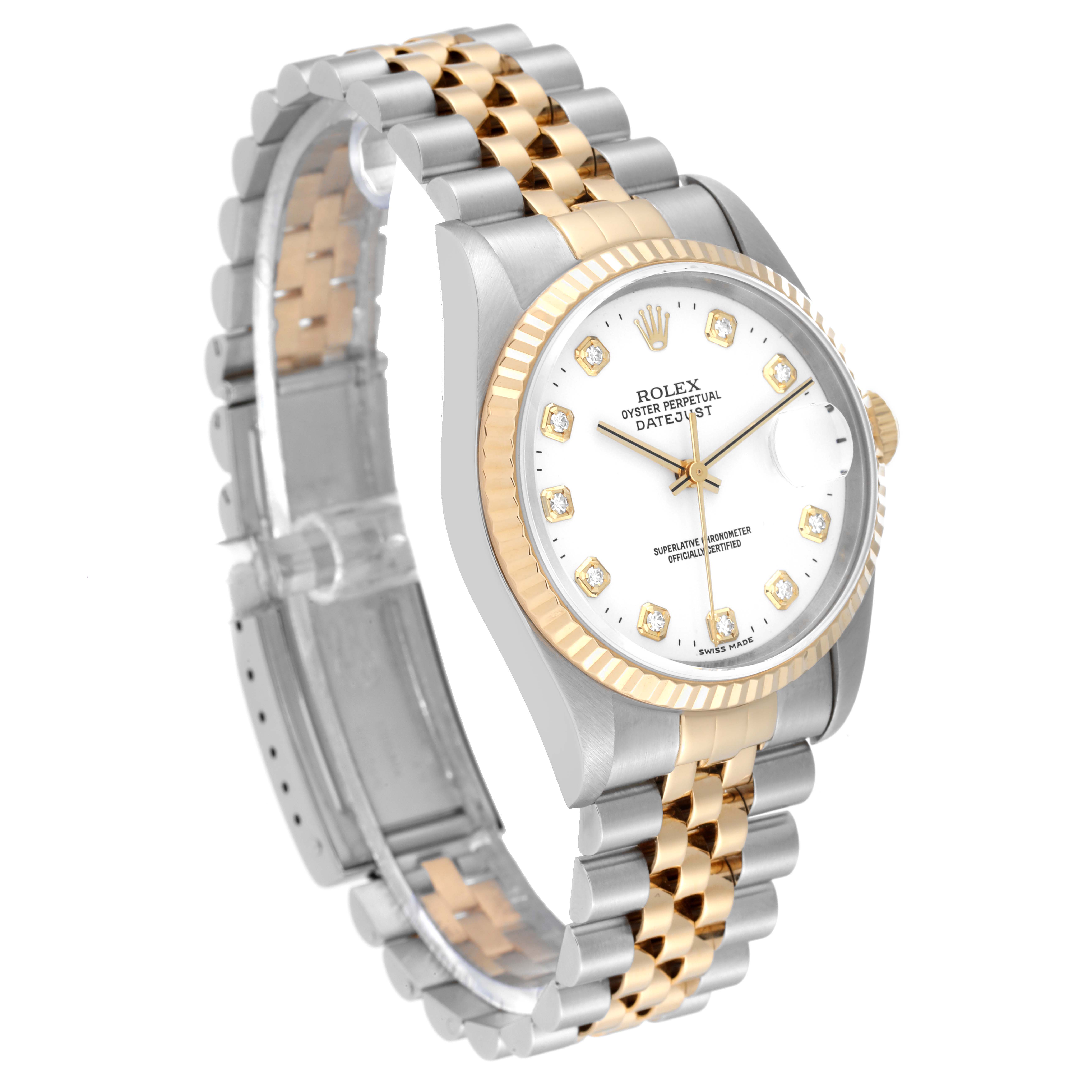 The image shows a Rolex Datejust 16233 Men's Steel and Gold (two tone) White Dial 16233 Men's Steel and Gold (two tone) White Dial watch with a silver and gold jubilee bracelet, fluted bezel, and white dial with diamond markers.