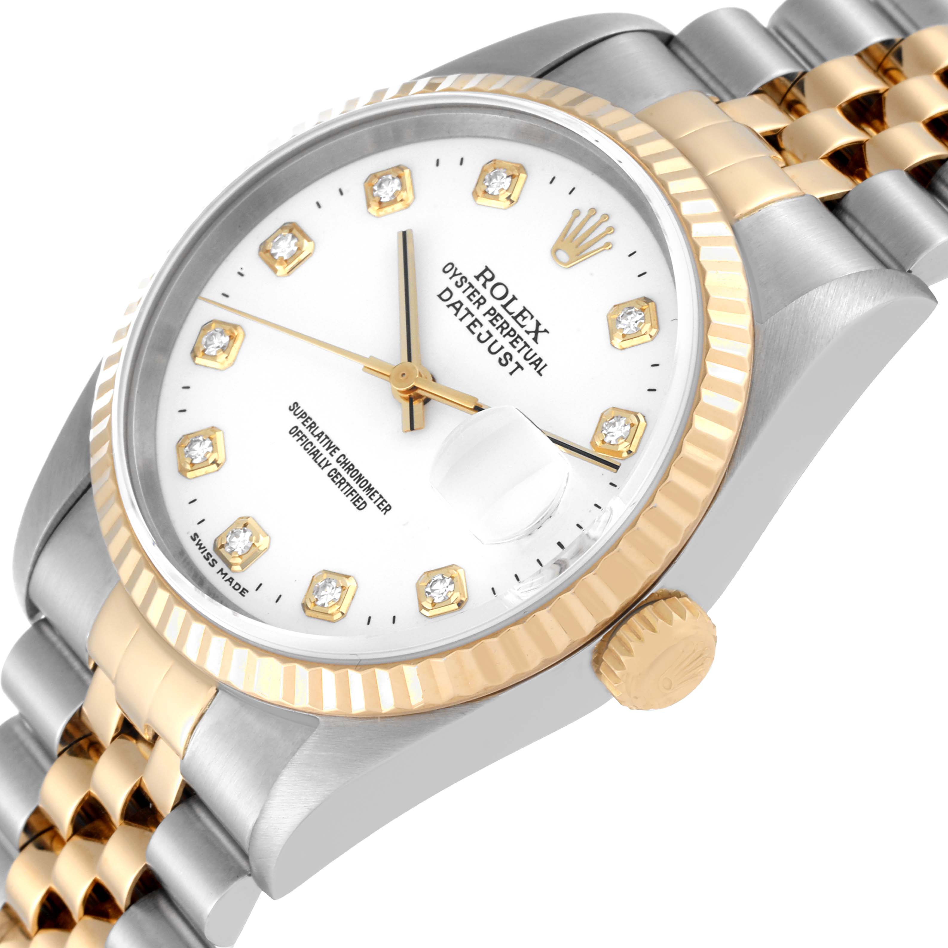 The image shows a close-up angle of the Rolex Datejust 16233 Men's Steel and Gold (two tone) White Dial 16233 Men's Steel and Gold (two tone) White Dial watch, highlighting the dial, bezel, crown, and two-tone bracelet.