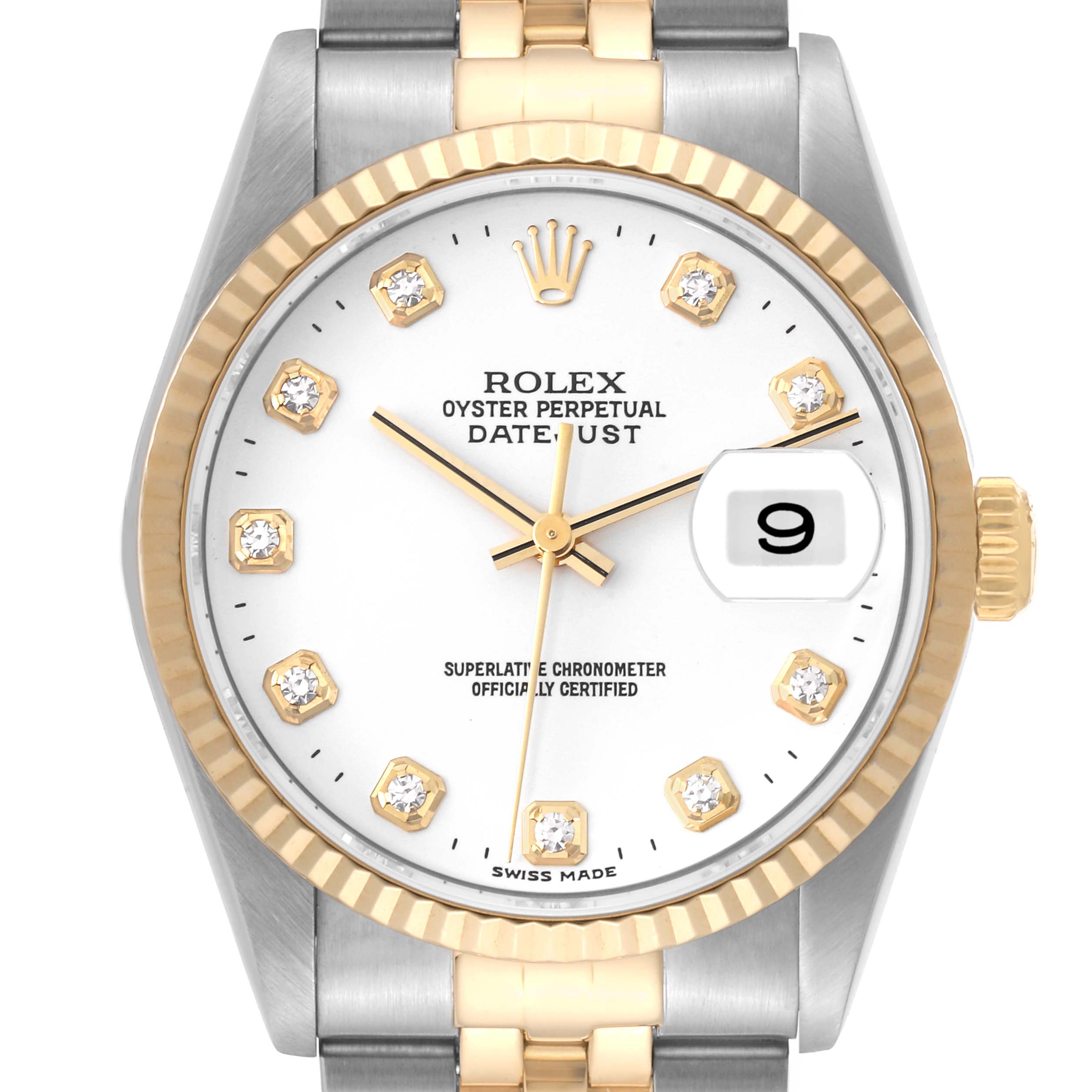 This Rolex Datejust 16233 Men's Steel and Gold (two tone) White Dial 16233 Men's Steel and Gold (two tone) White Dial watch is depicted from the front, showcasing its face, bezel, crown, and part of its bracelet.