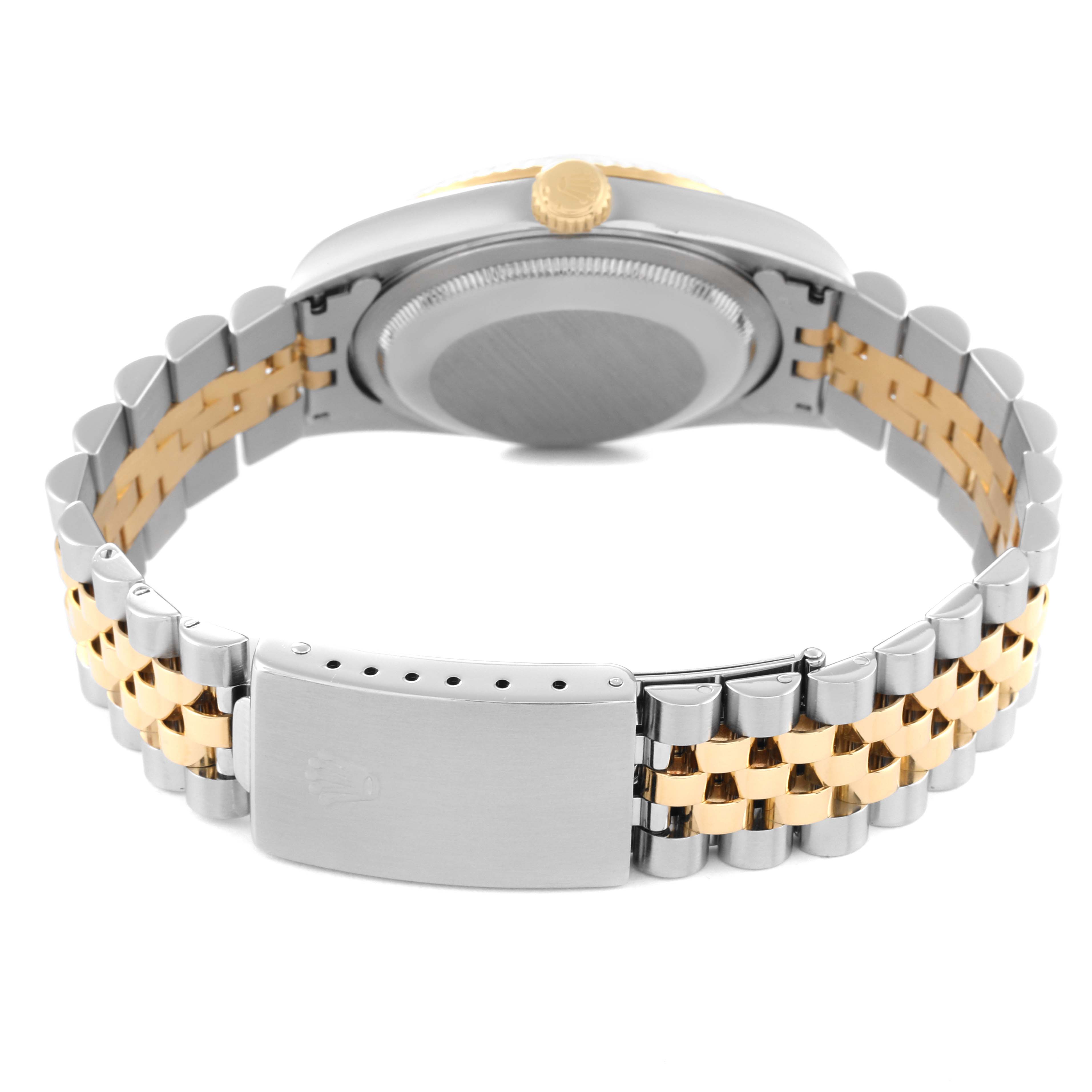 The image shows the back of the Rolex Datejust 16233 Men's Steel and Gold (two tone) White Dial 16233 Men's Steel and Gold (two tone) White Dial watch, highlighting the case, crown, and two-tone bracelet with clasp.