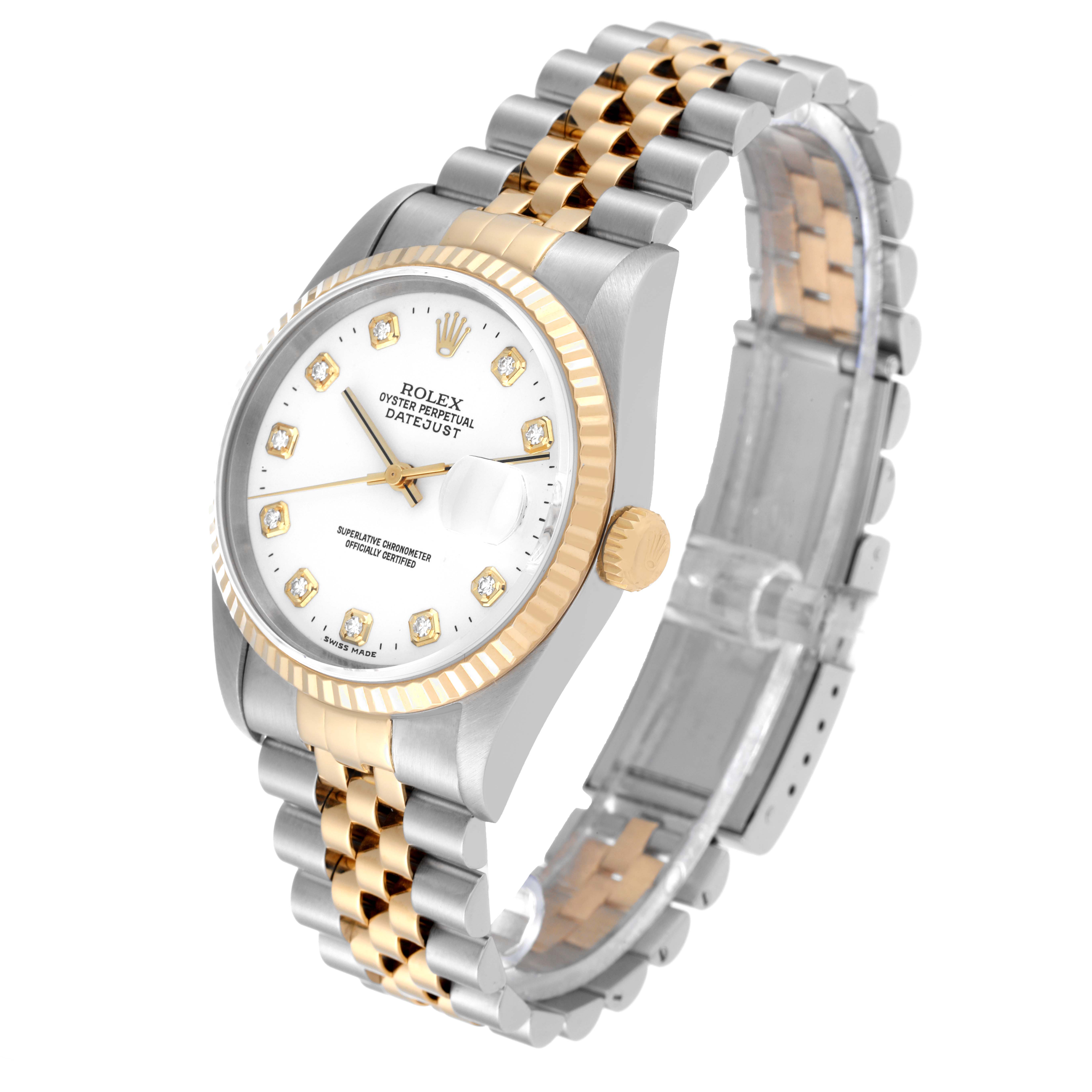 This image shows a Rolex Datejust 16233 Men's Steel and Gold (two tone) White Dial 16233 Men's Steel and Gold (two tone) White Dial watch at a front-side angle, highlighting its dial, bezel, crown, and two-tone bracelet.