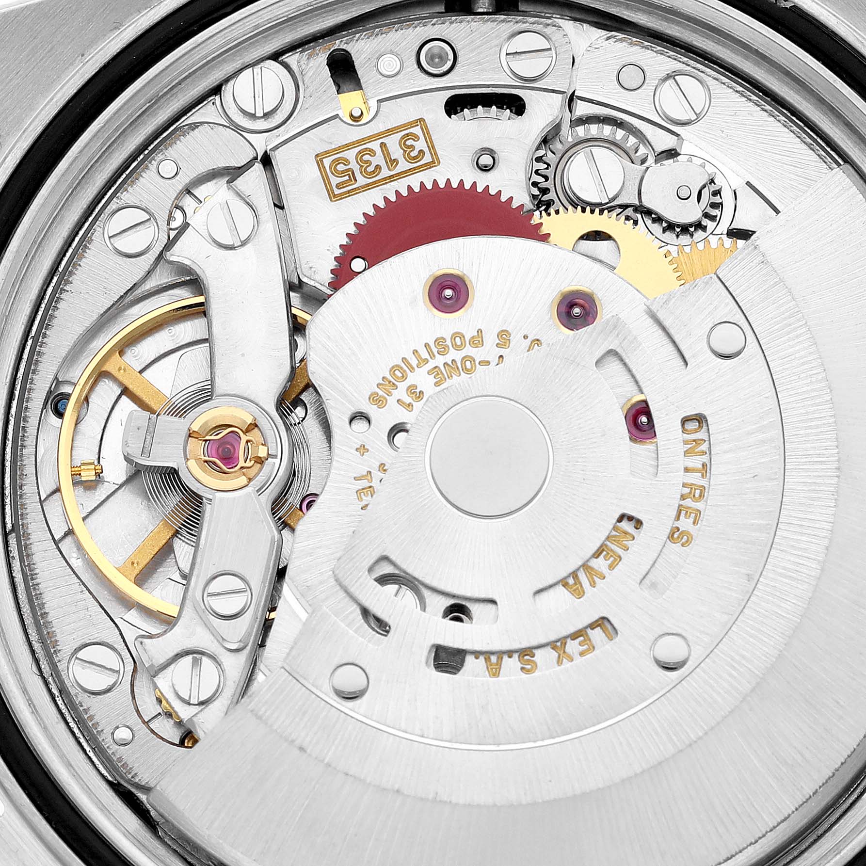 This image shows a close-up view of the movement mechanism inside a Rolex Datejust 16233 Men's Steel and Gold (two tone) White Dial 16233 Men's Steel and Gold (two tone) White Dial watch.