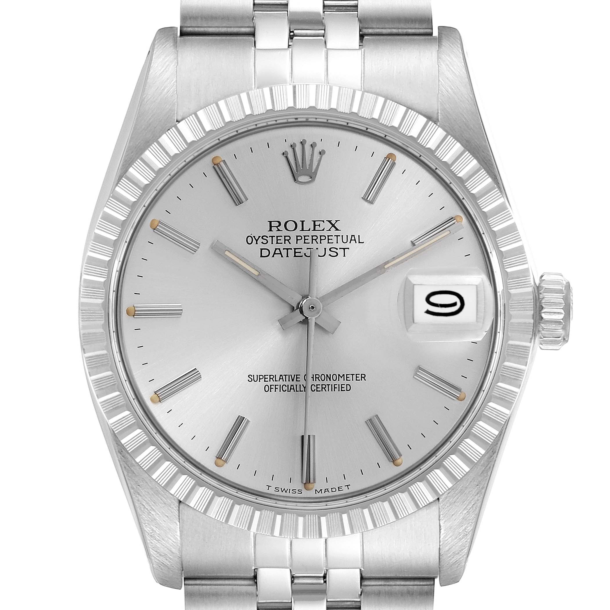 The Rolex Vintage Collection 16030 Men's Stainless Steel Silver Dial 16030 Men's Stainless Steel Silver Dial watch is shown from a frontal angle, highlighting the dial, bezel, case, bracelet, and crown.