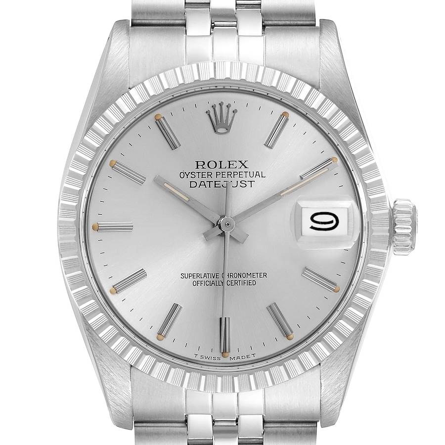 The Rolex Vintage Collection watch is shown from a frontal angle, highlighting the dial, bezel, case, bracelet, and crown.