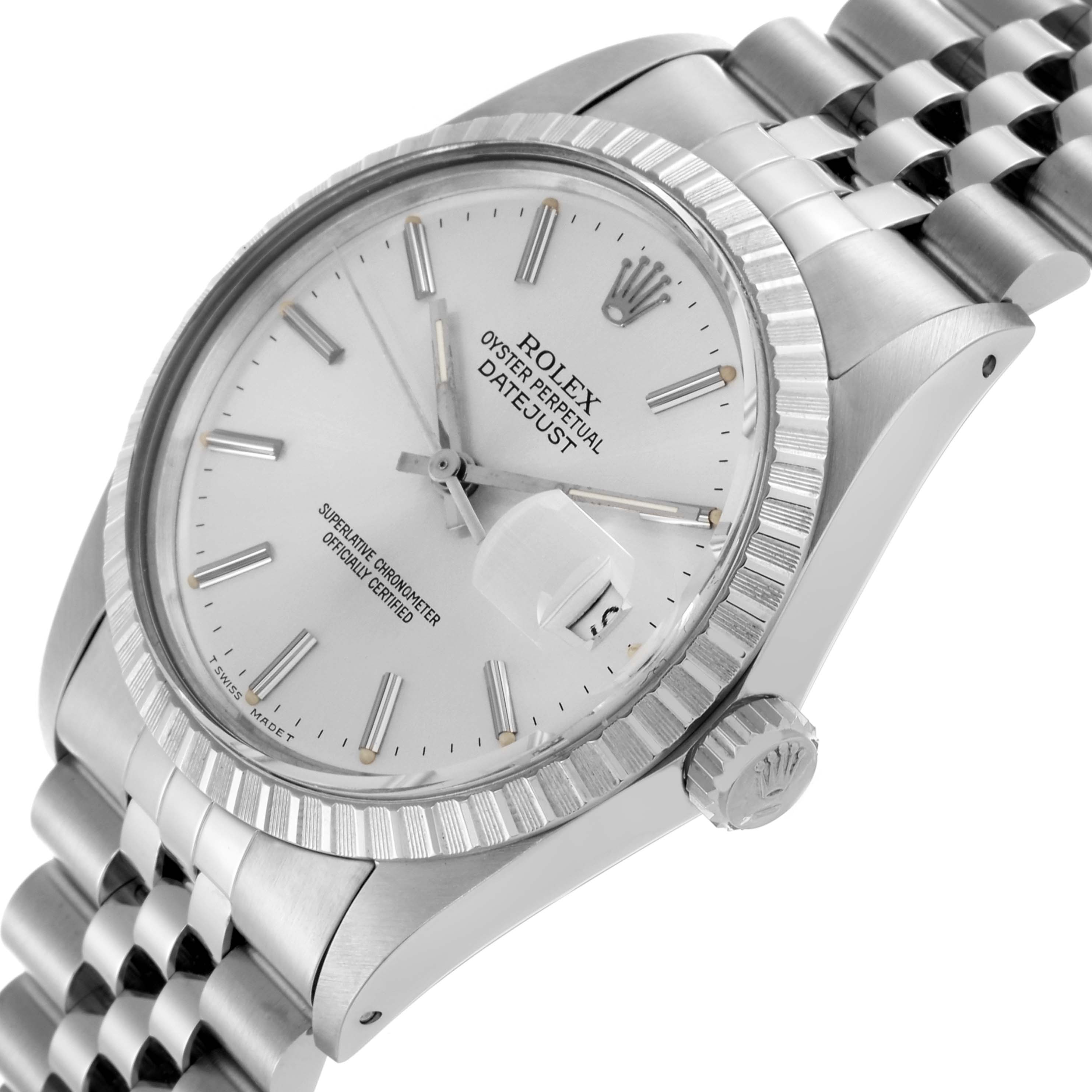 The Rolex Vintage Collection 16030 Men's Stainless Steel Silver Dial 16030 Men's Stainless Steel Silver Dial watch is shown at an angled side view, highlighting the crown, dial, and part of the bracelet.