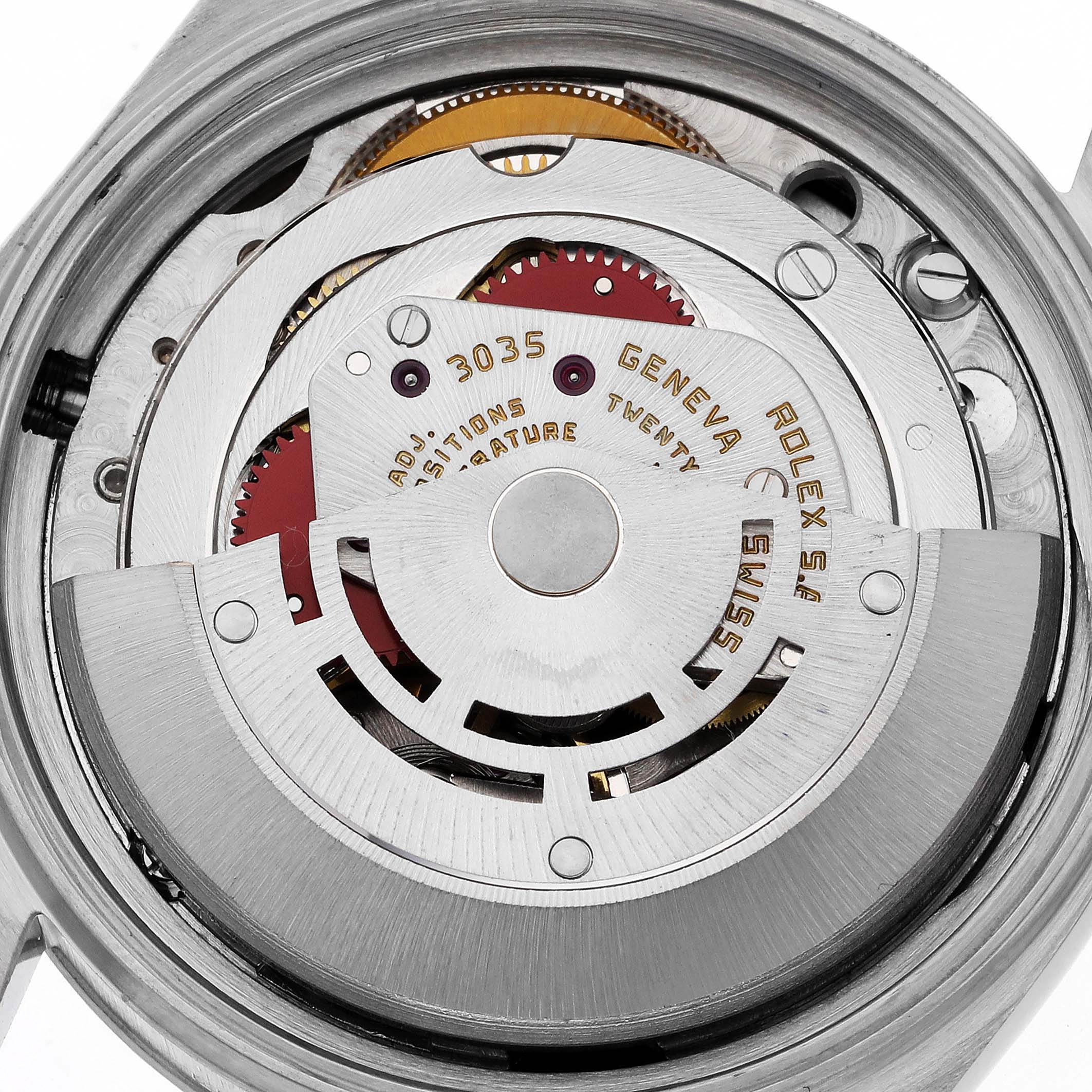 The image shows the internal movement of a Rolex Vintage Collection 16030 Men's Stainless Steel Silver Dial 16030 Men's Stainless Steel Silver Dial watch from a top view, highlighting its mechanical components.