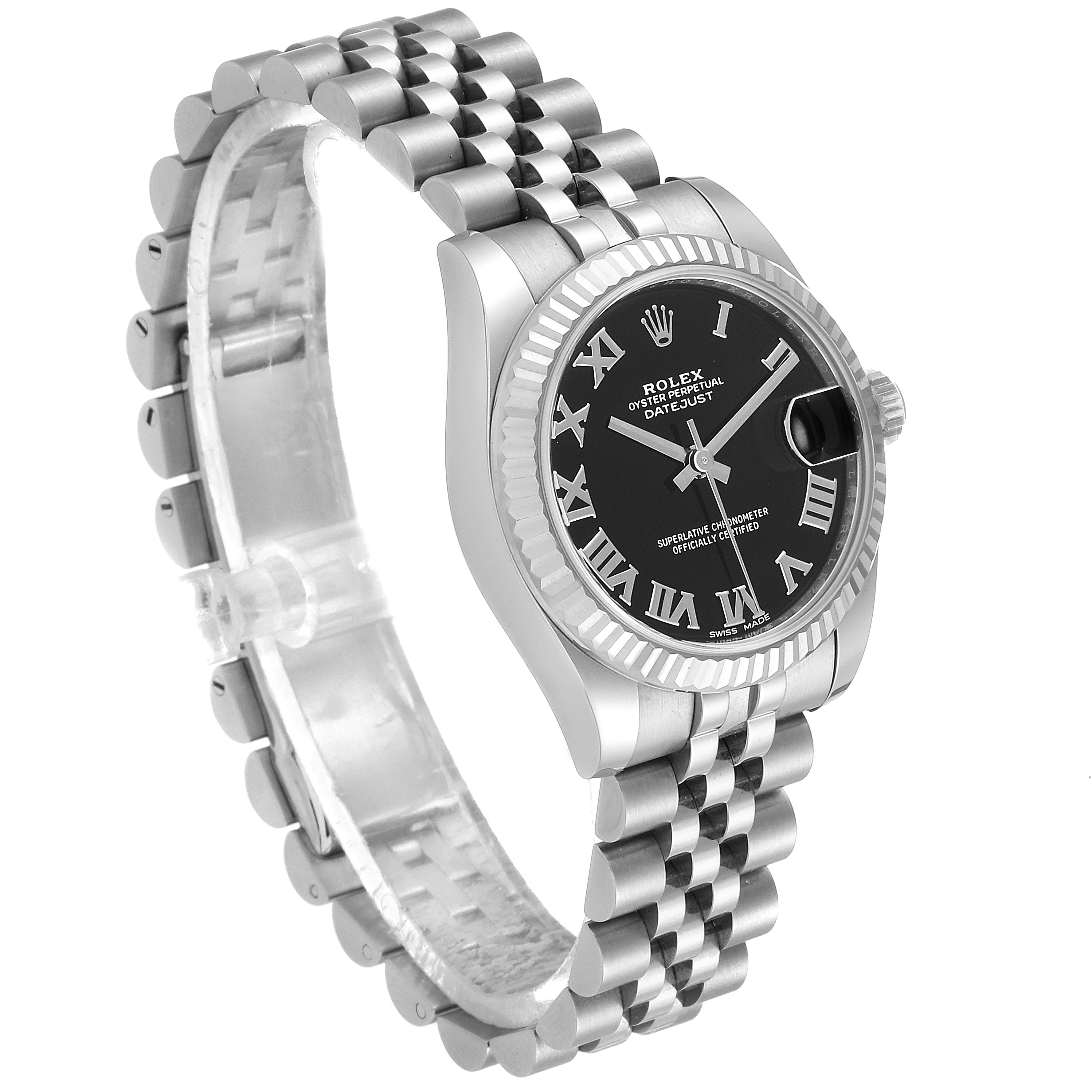 The Rolex Mid-Size 178274 Women
s Stainless Steel Black Dial 178274 Women
s Stainless Steel Black Dial model is shown at an angle highlighting the face, bezel, crown, and bracelet.