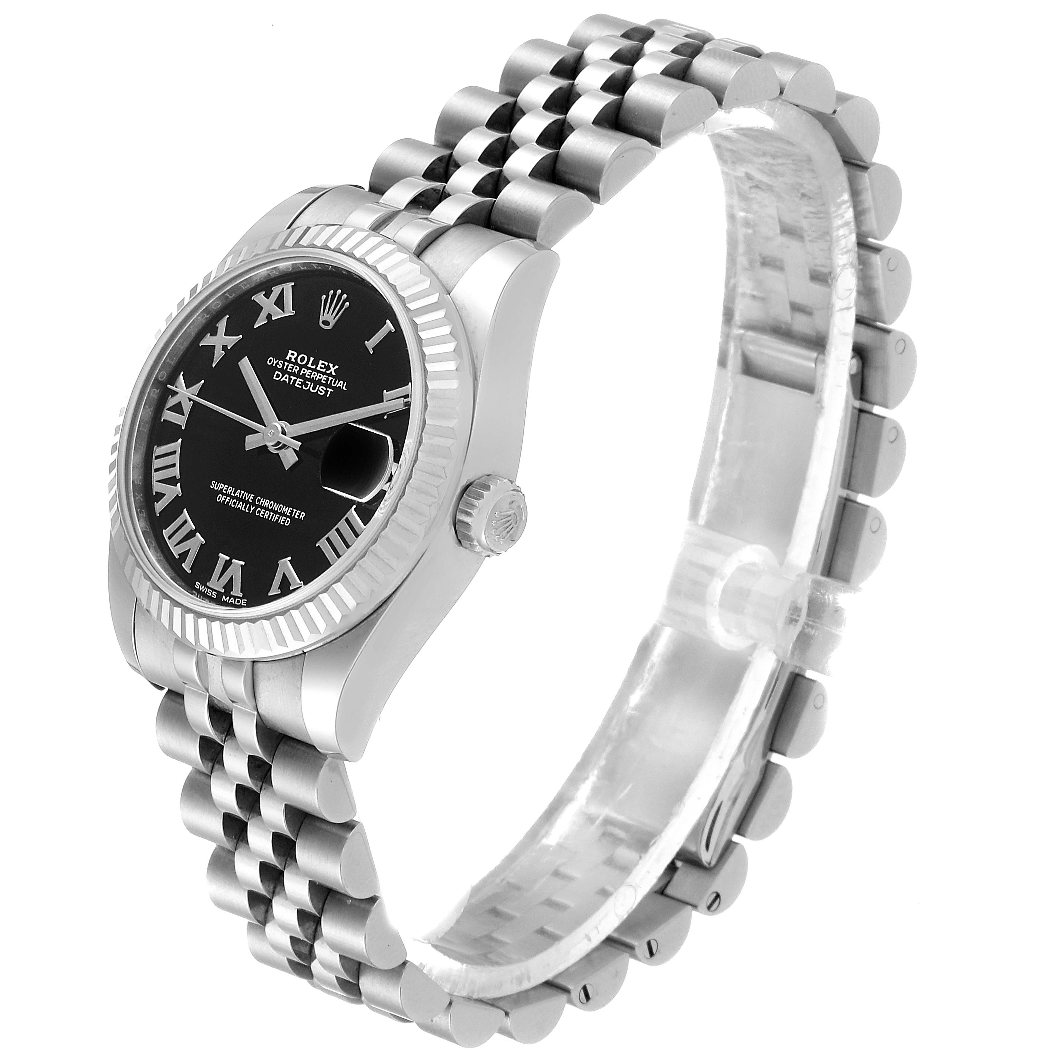 The image shows a side view of a Mid-Size Rolex Oyster Perpetual Datejust, highlighting the bezel, crown, dial, and bracelet.